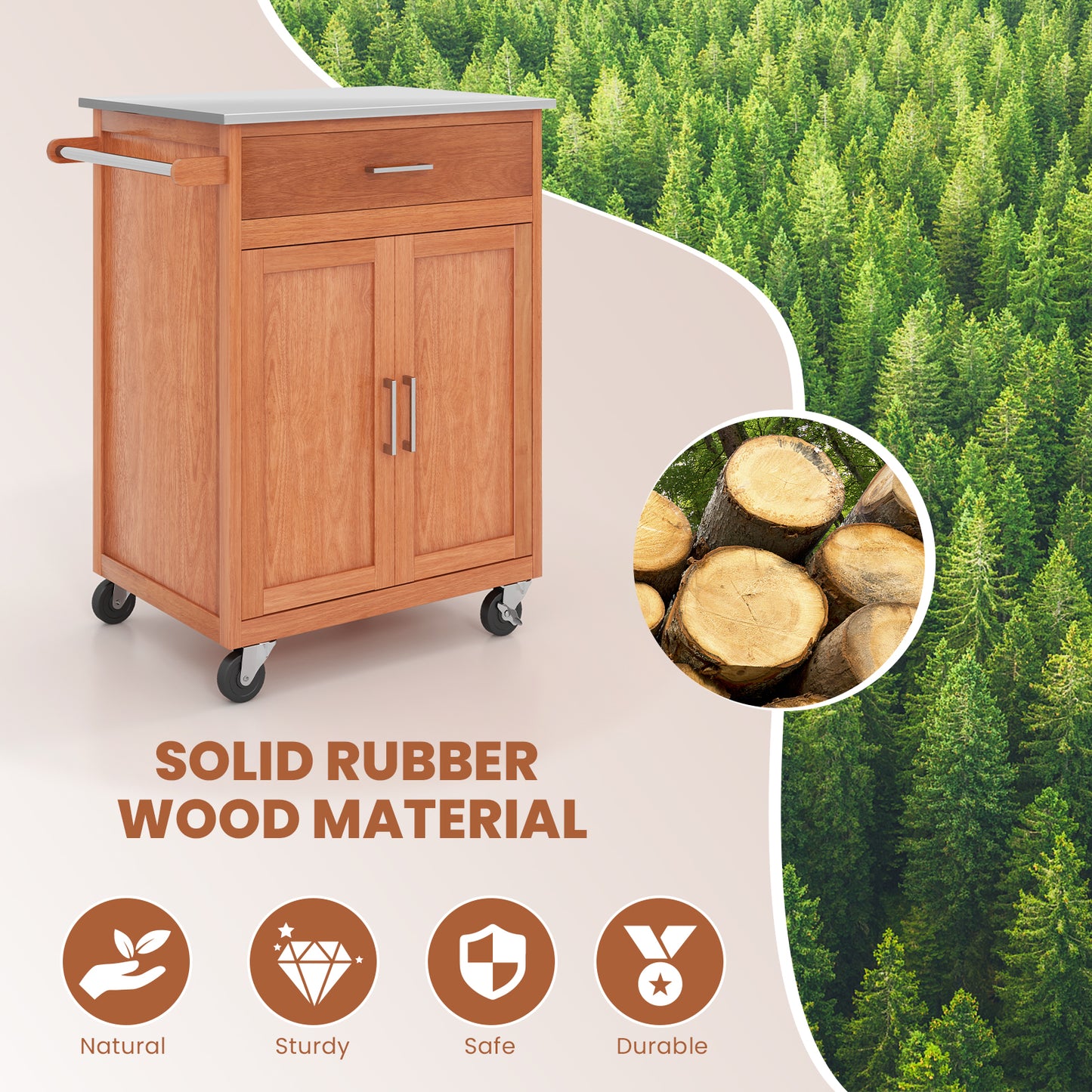 Rolling Kitchen Island Cart with Stainless Steel Top and Ample Cabinet Storage