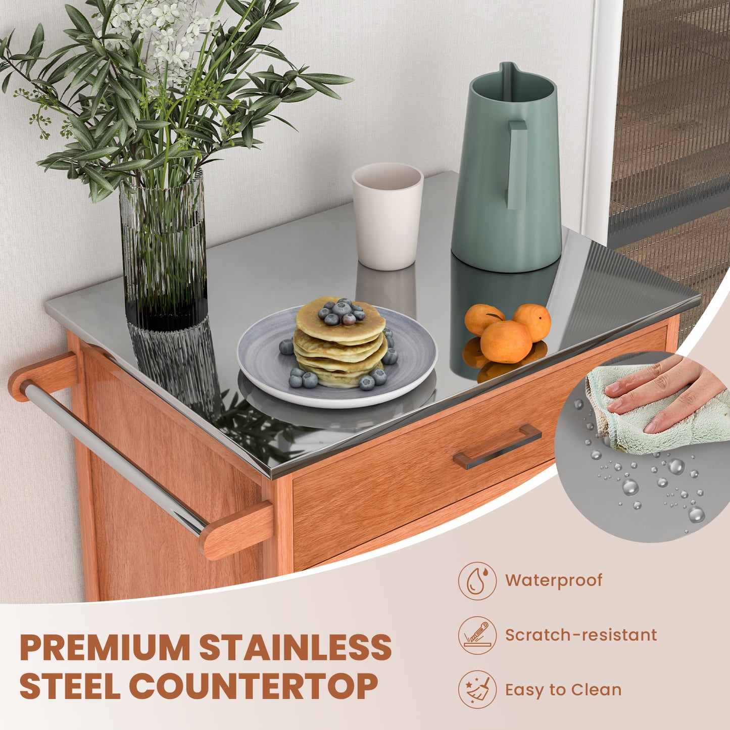 Rolling Kitchen Island Cart with Stainless Steel Top and Ample Cabinet Storage