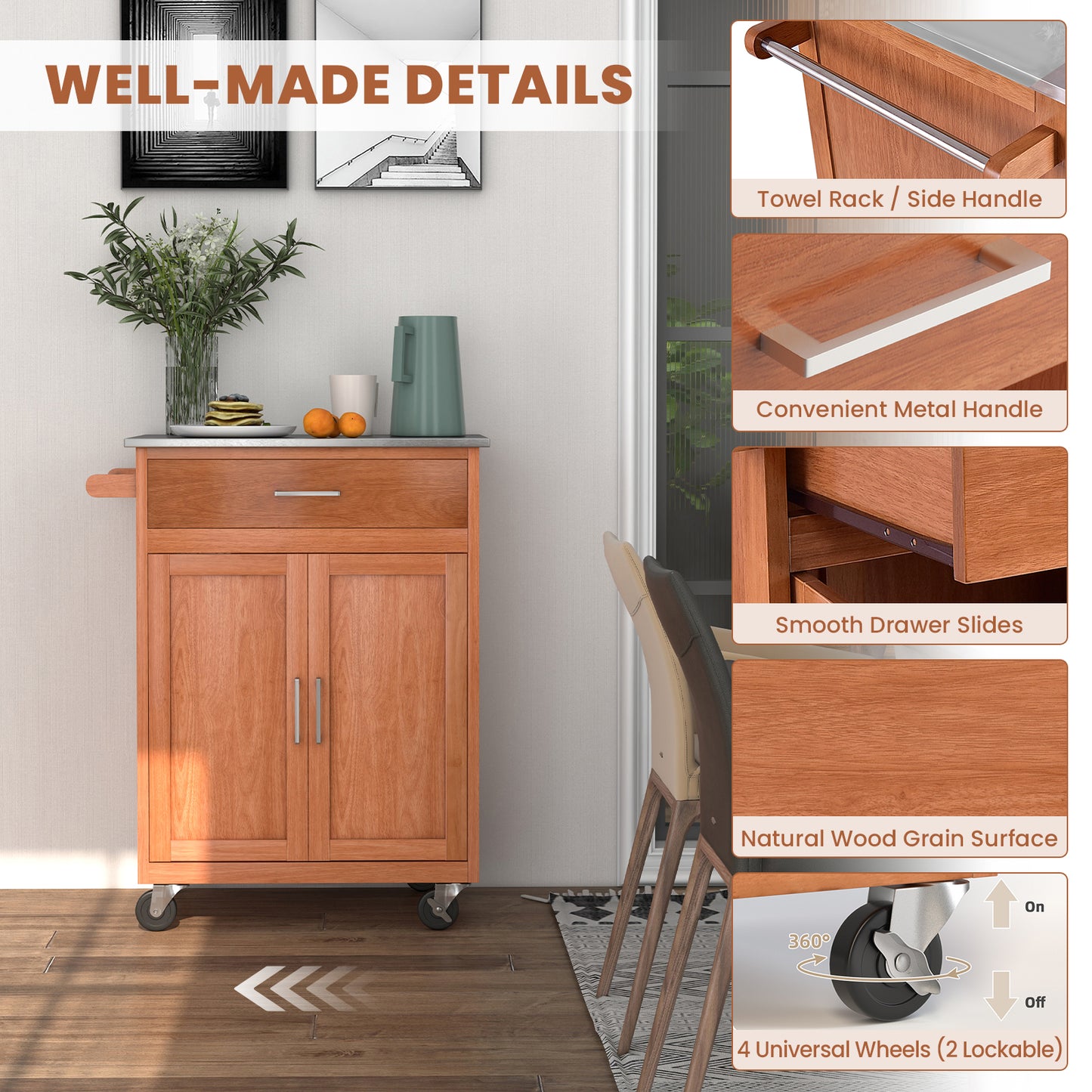 Rolling Kitchen Island Cart with Stainless Steel Top and Ample Cabinet Storage
