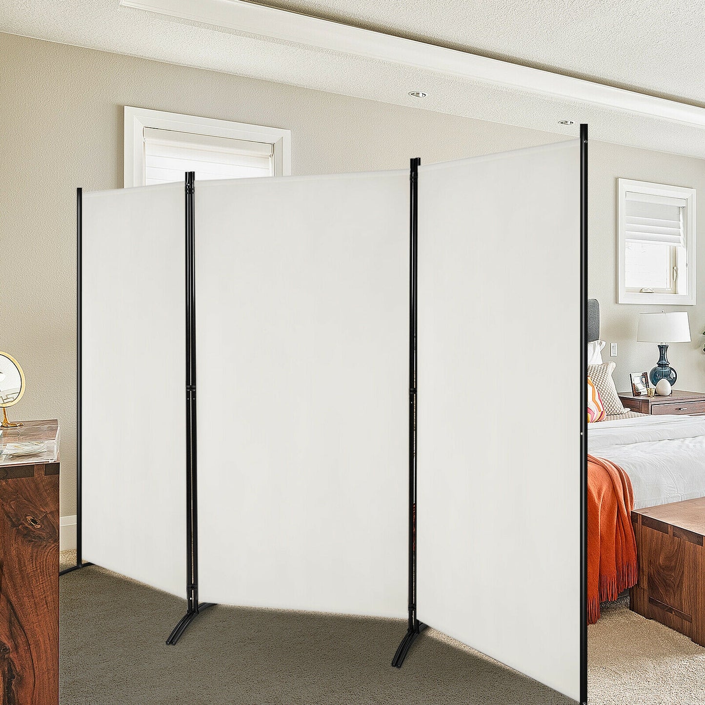 6 Foot 3 Panel White Room Divider with Durable Hinges and Steel Base