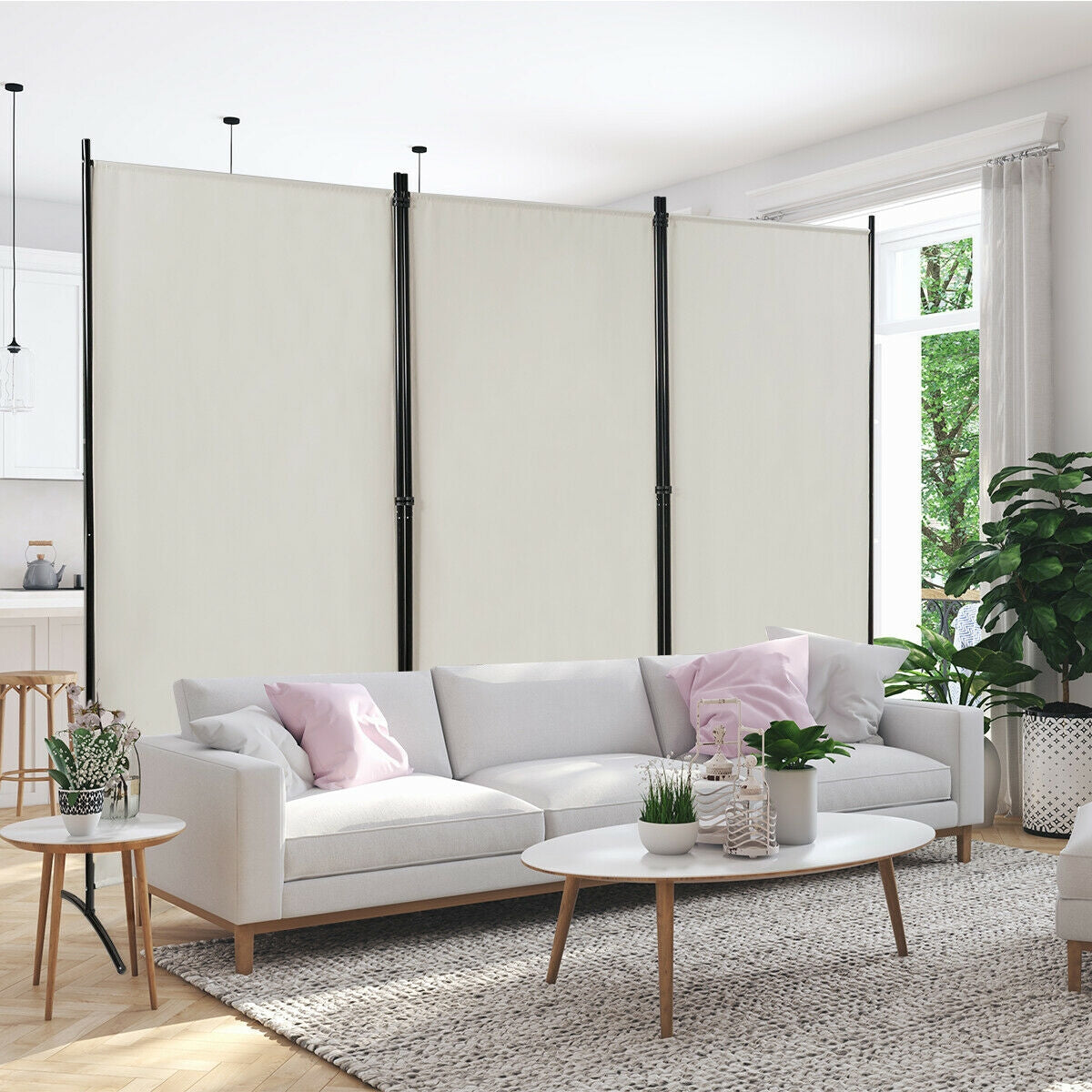 6 Foot 3 Panel White Room Divider with Durable Hinges and Steel Base