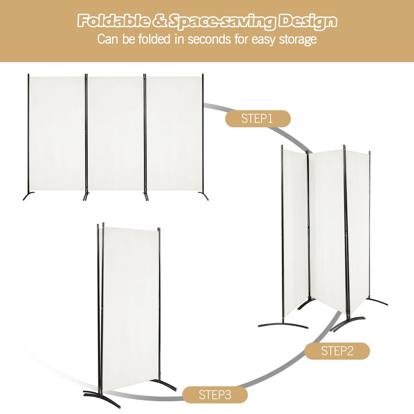6 Foot 3 Panel White Room Divider with Durable Hinges and Steel Base
