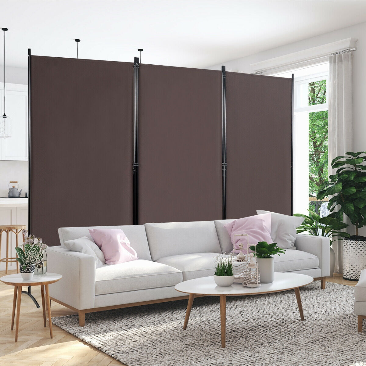 6 Foot 3 Panel Brown Room Divider with Durable Hinges and Steel Base