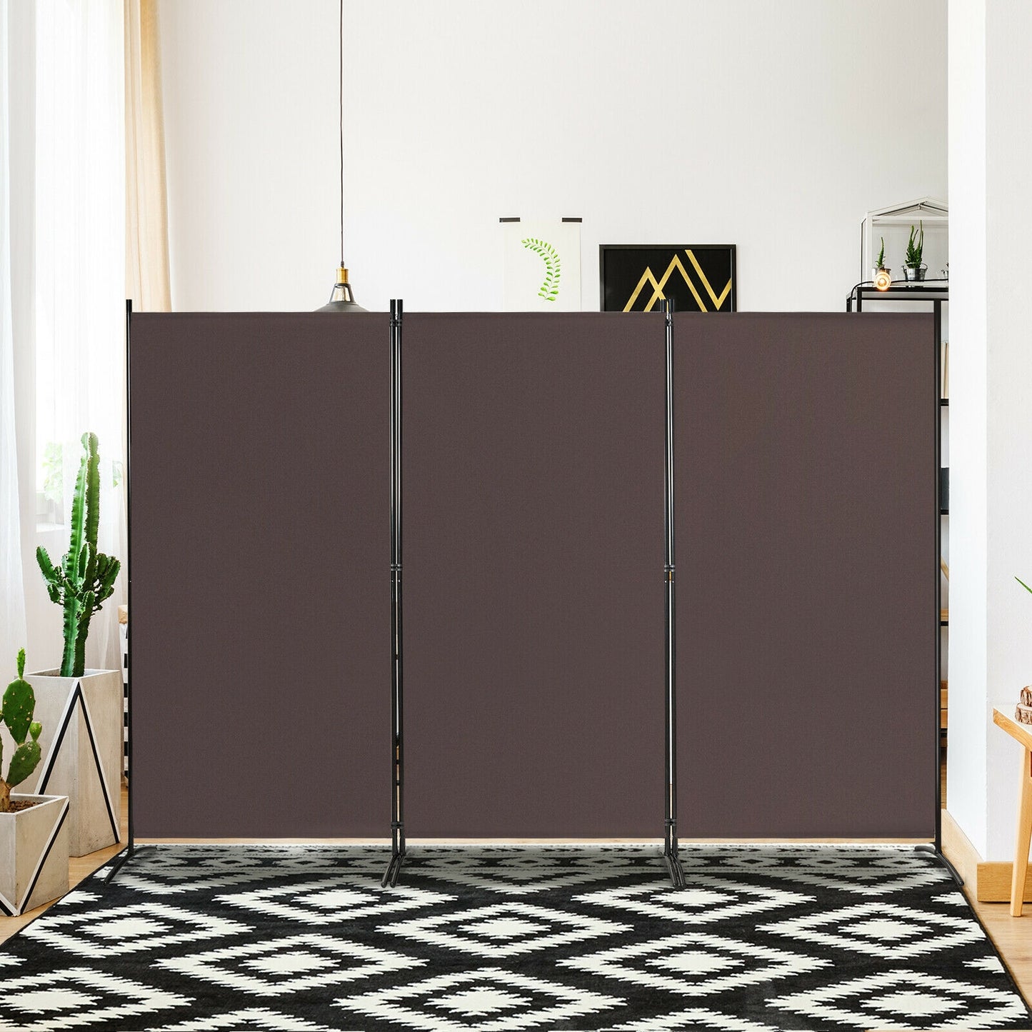 6 Foot 3 Panel Brown Room Divider with Durable Hinges and Steel Base