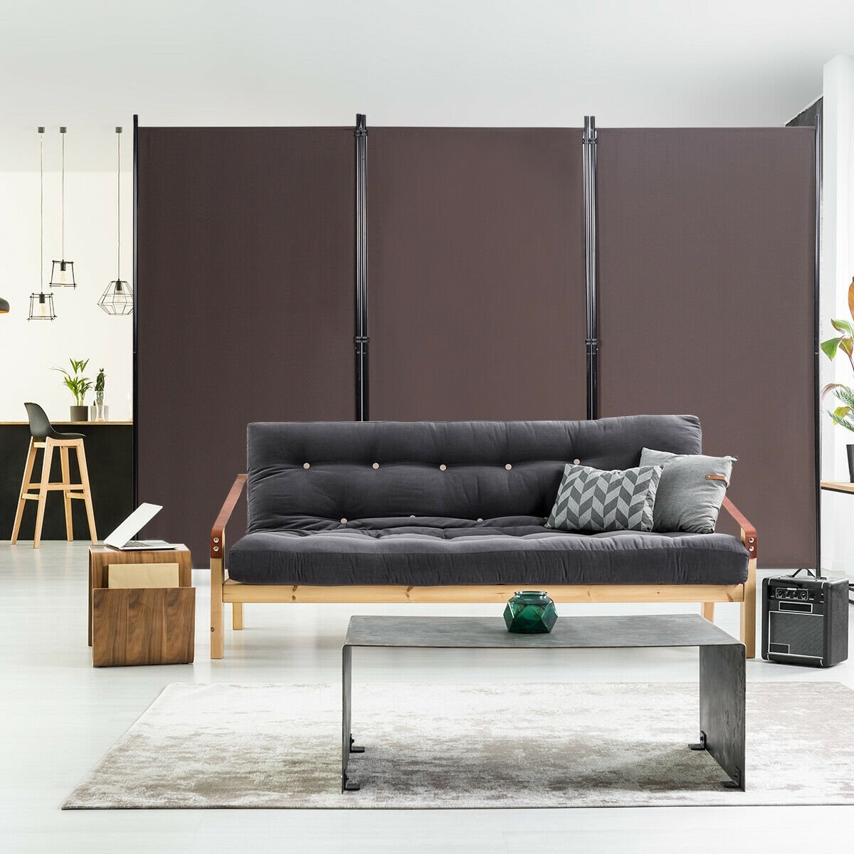 6 Foot 3 Panel Brown Room Divider with Durable Hinges and Steel Base