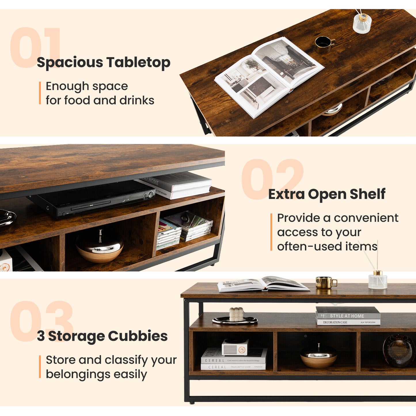 Rustic Industrial Coffee Table with Open Shelf and Three Storage Compartments