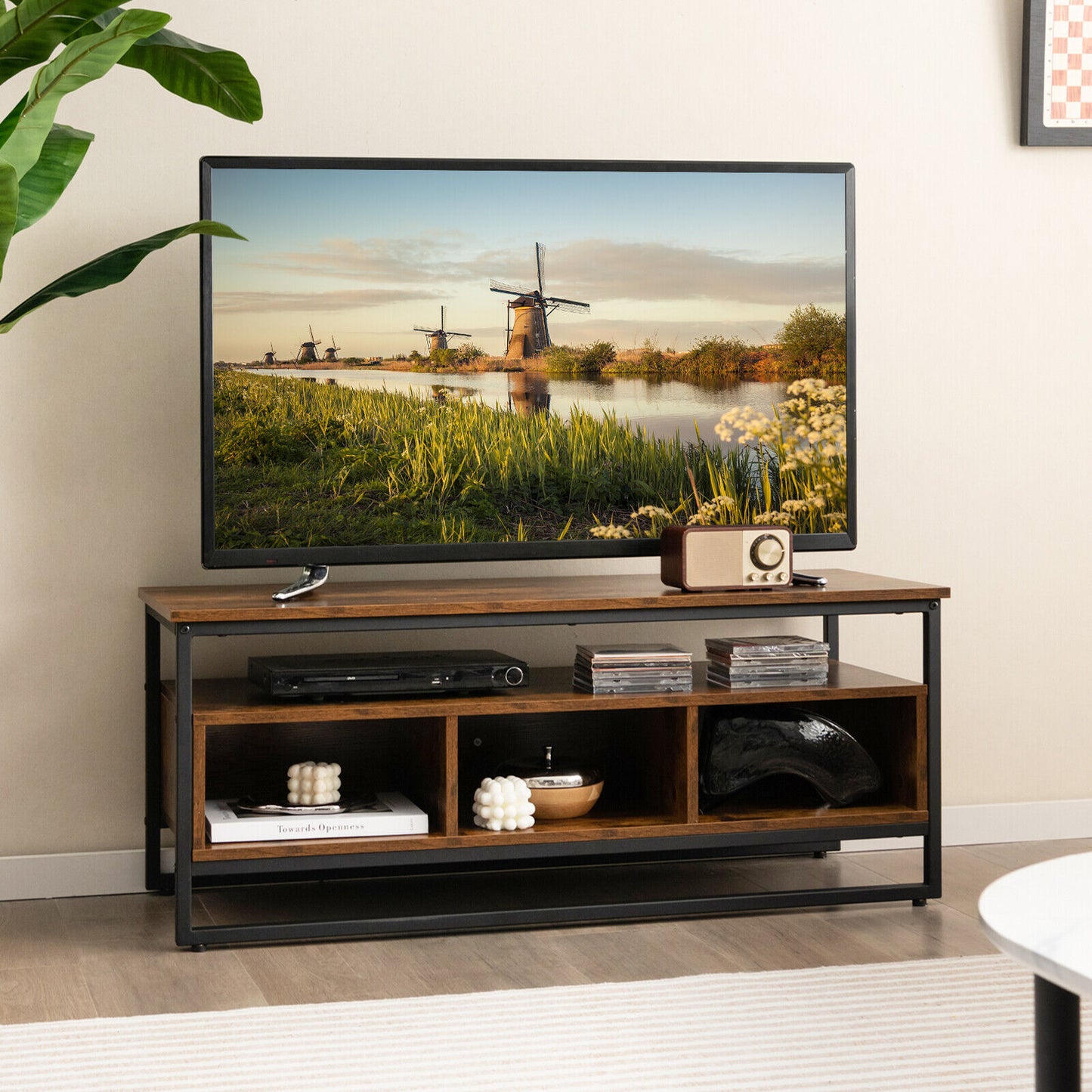 Rustic Industrial Coffee Table with Open Shelf and Three Storage Compartments