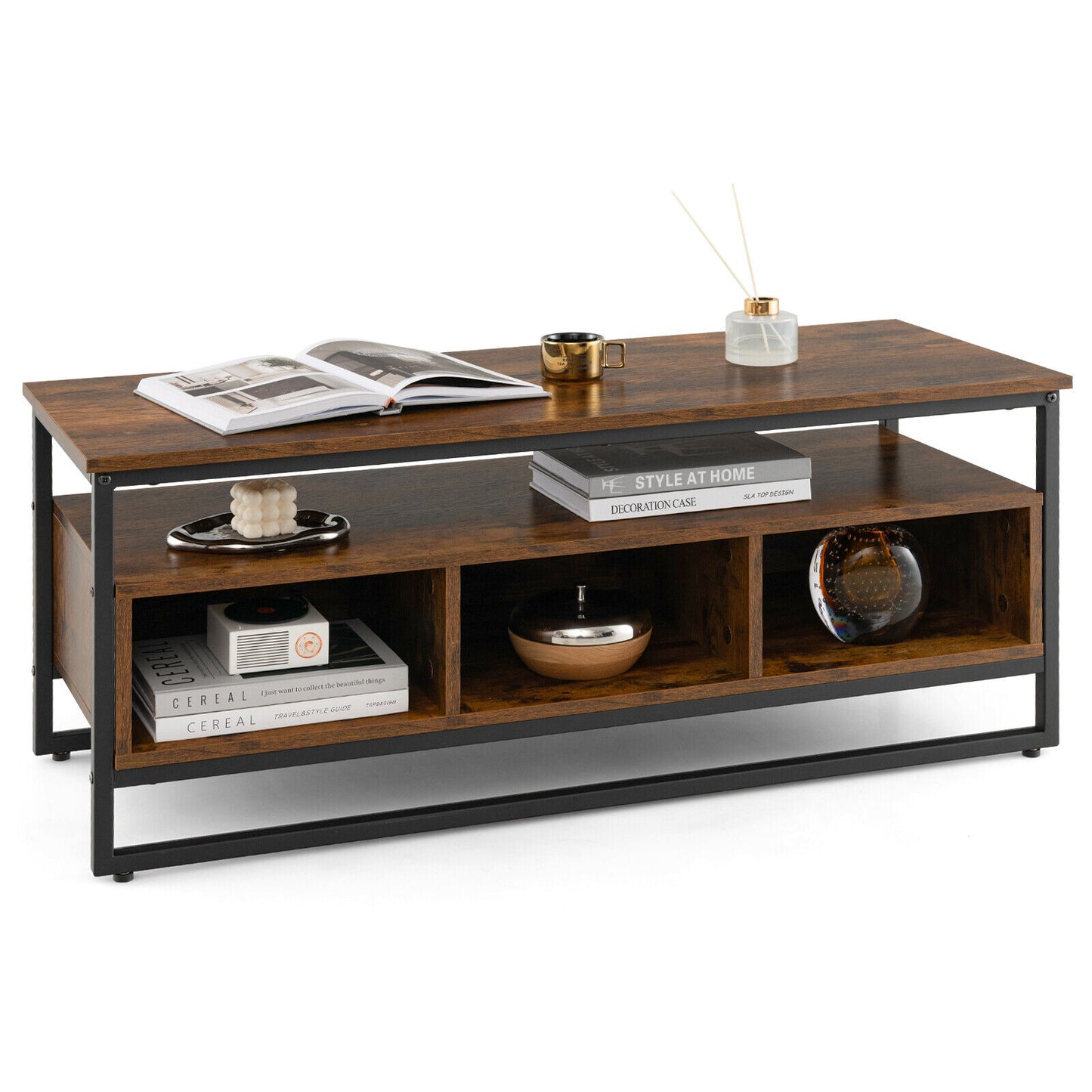Rustic Industrial Coffee Table with Open Shelf and Three Storage Compartments