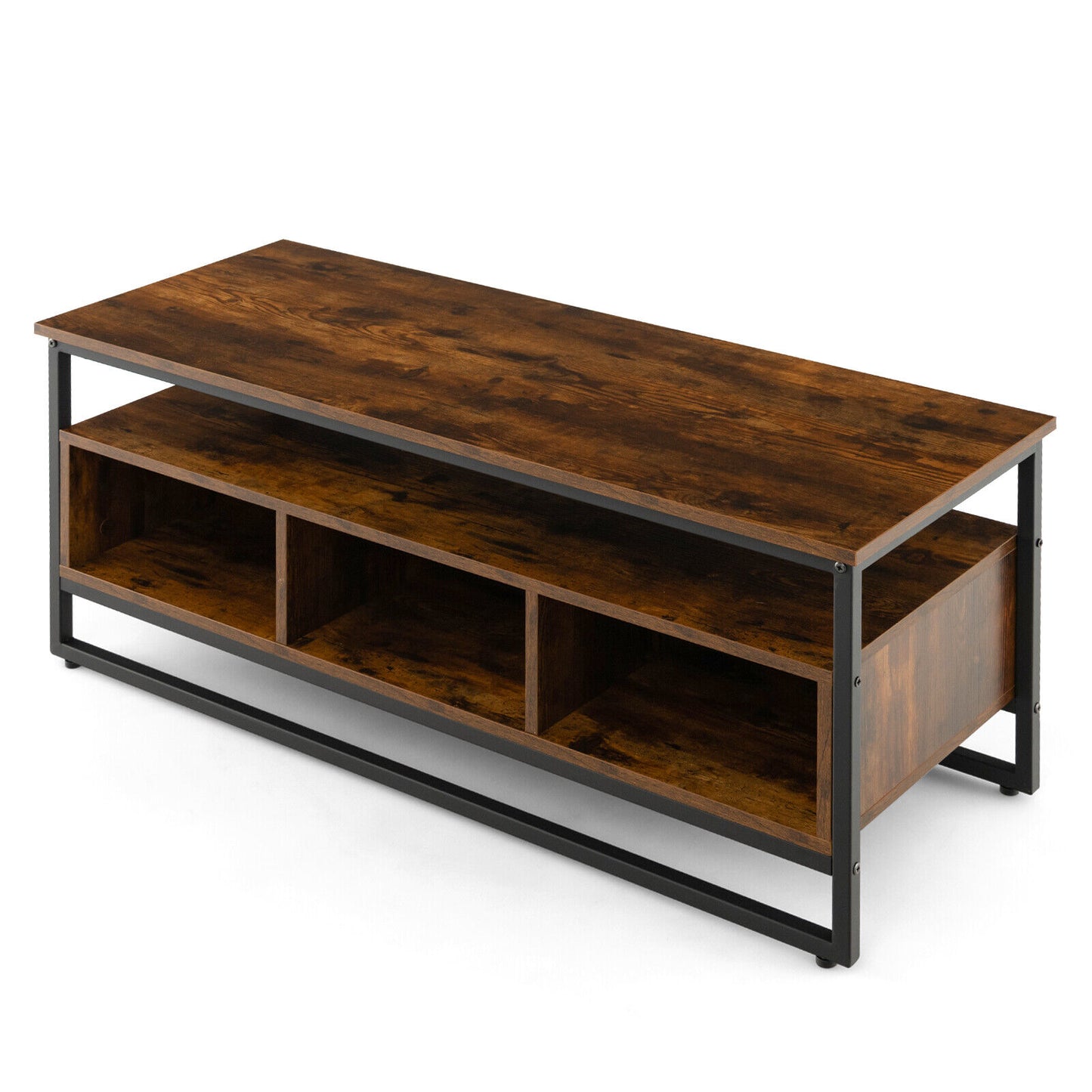 Rustic Industrial Coffee Table with Open Shelf and Three Storage Compartments