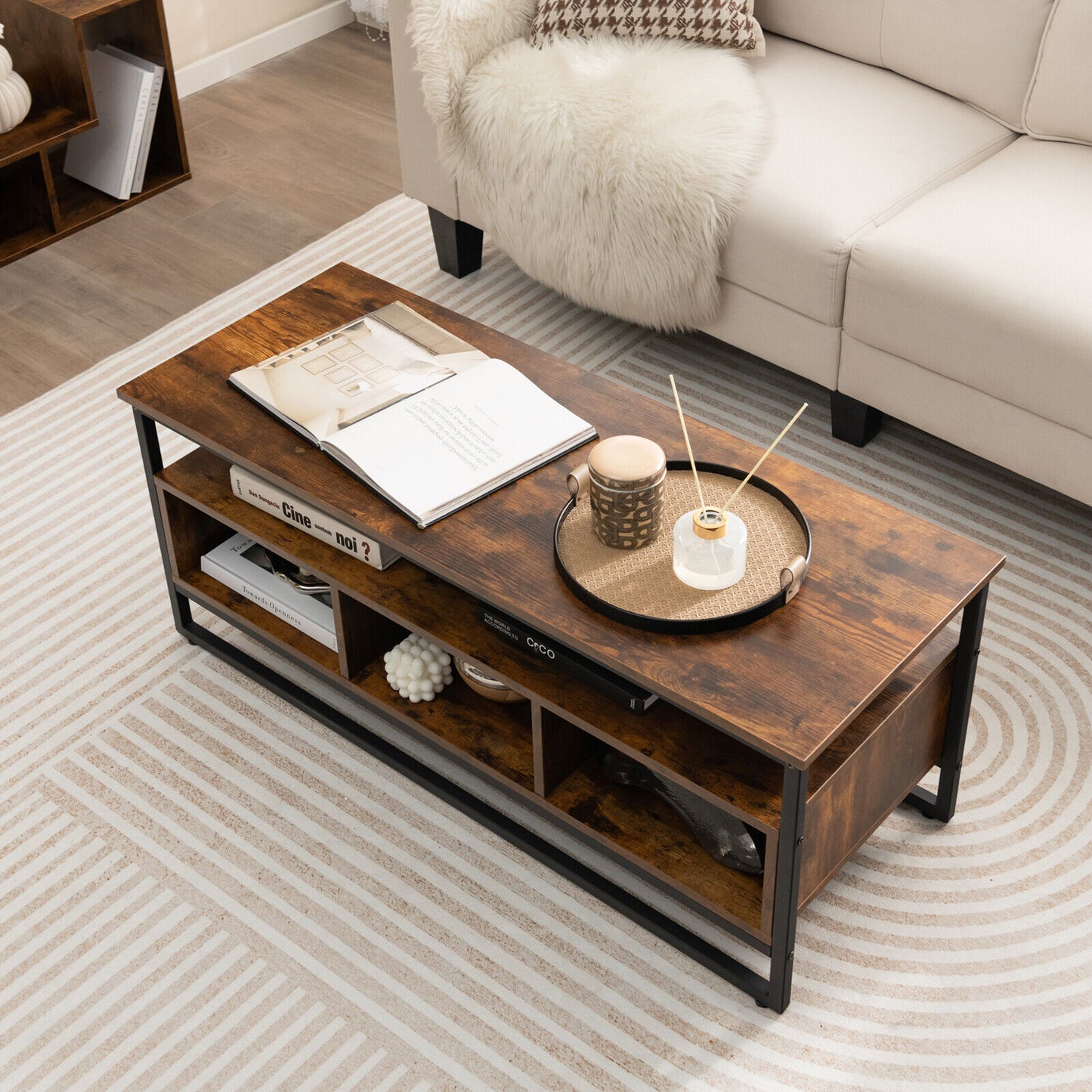 Rustic Industrial Coffee Table with Open Shelf and Three Storage Compartments