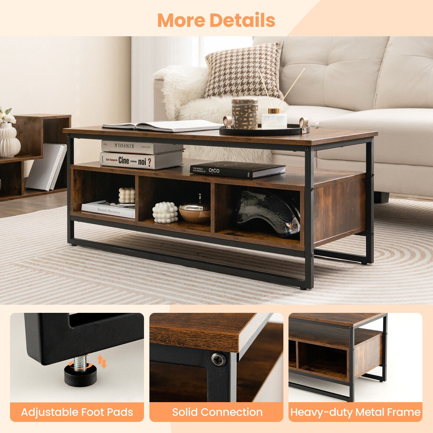 Rustic Industrial Coffee Table with Open Shelf and Three Storage Compartments