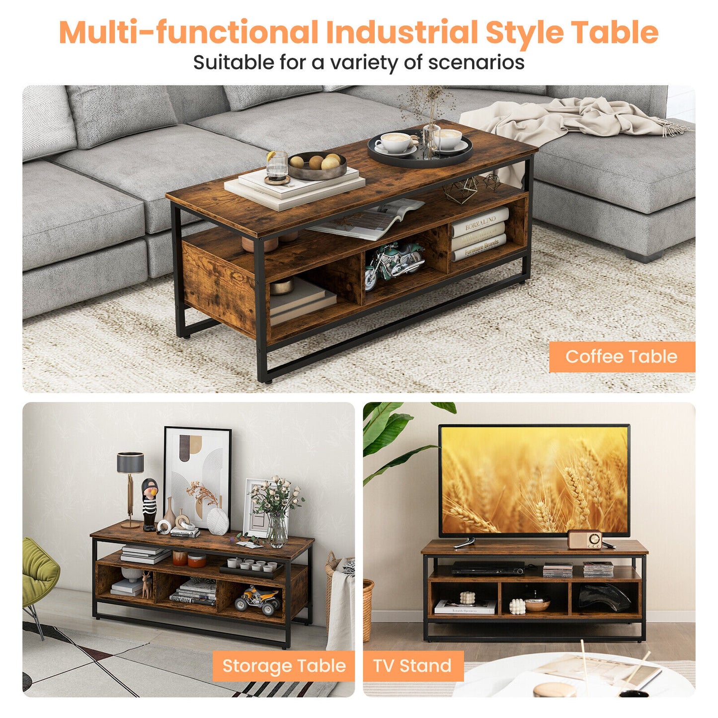 Rustic Industrial Coffee Table with Open Shelf and Three Storage Compartments