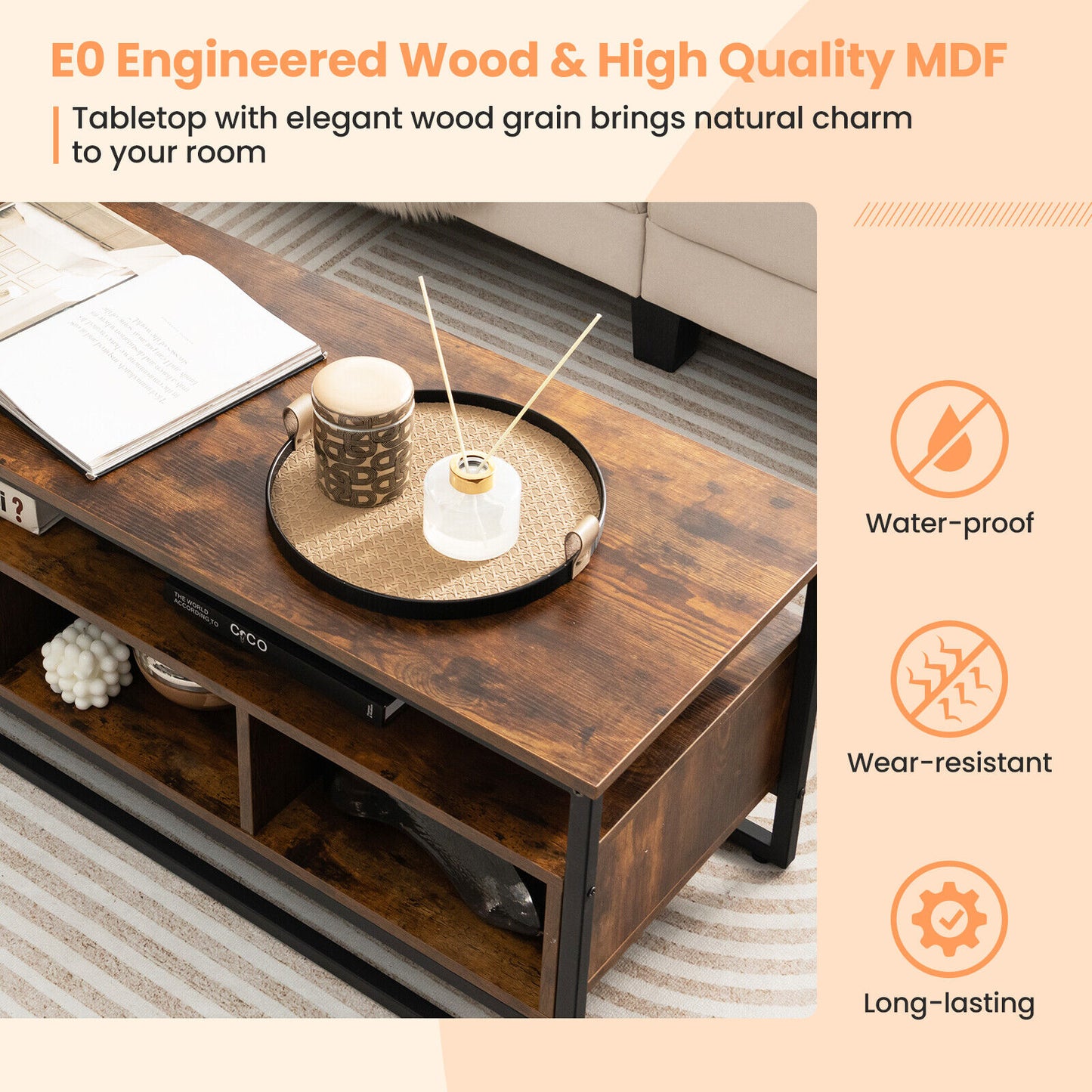 Rustic Industrial Coffee Table with Open Shelf and Three Storage Compartments