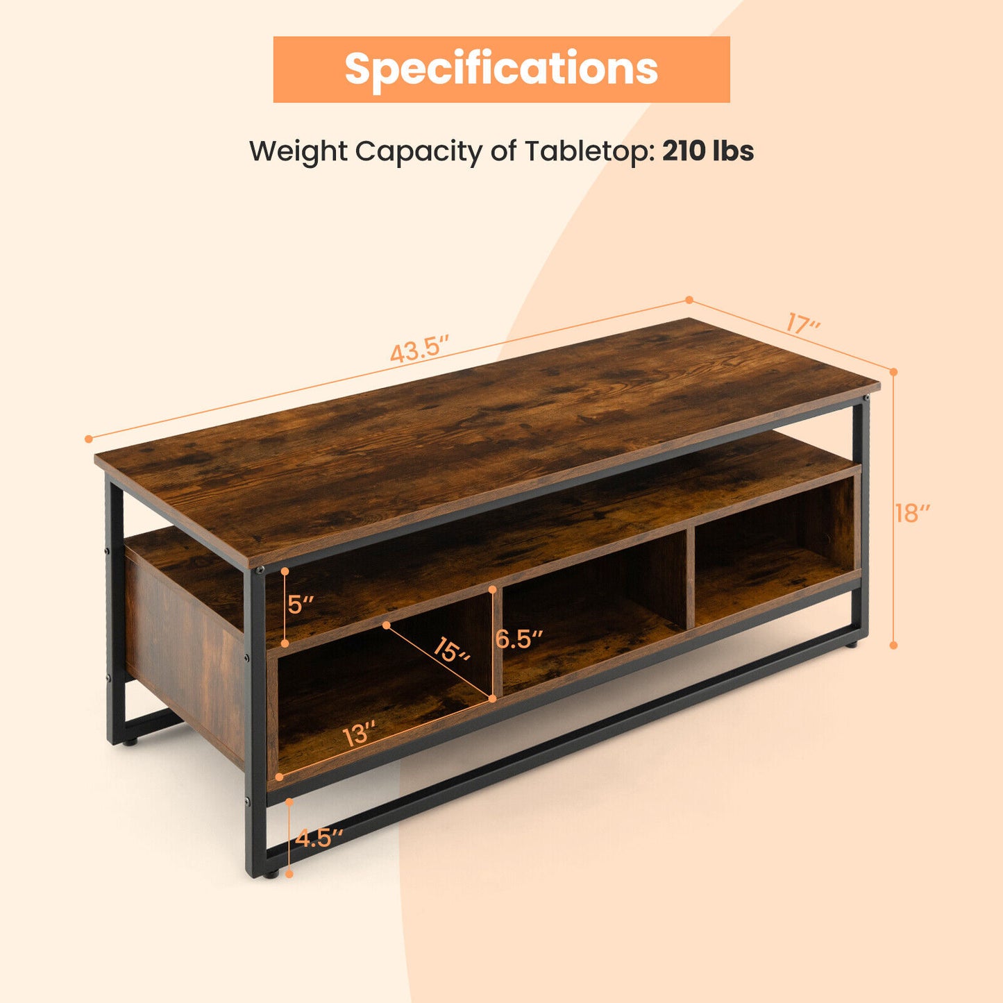 Rustic Industrial Coffee Table with Open Shelf and Three Storage Compartments
