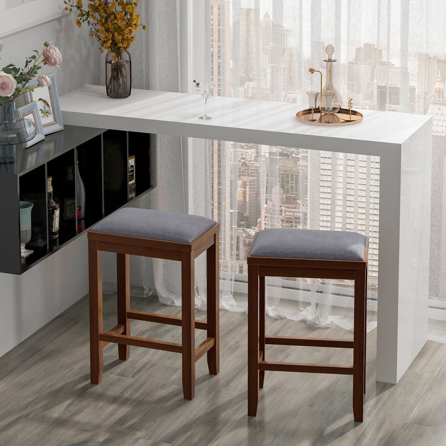 2 Piece Bar Stool Set with Comfortable Upholstery, Footrest, and Wooden Frame, 25 Inch - Brown