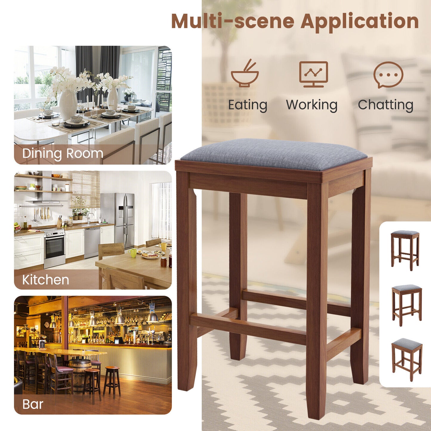 2 Piece Bar Stool Set with Comfortable Upholstery, Footrest, and Wooden Frame, 25 Inch - Brown