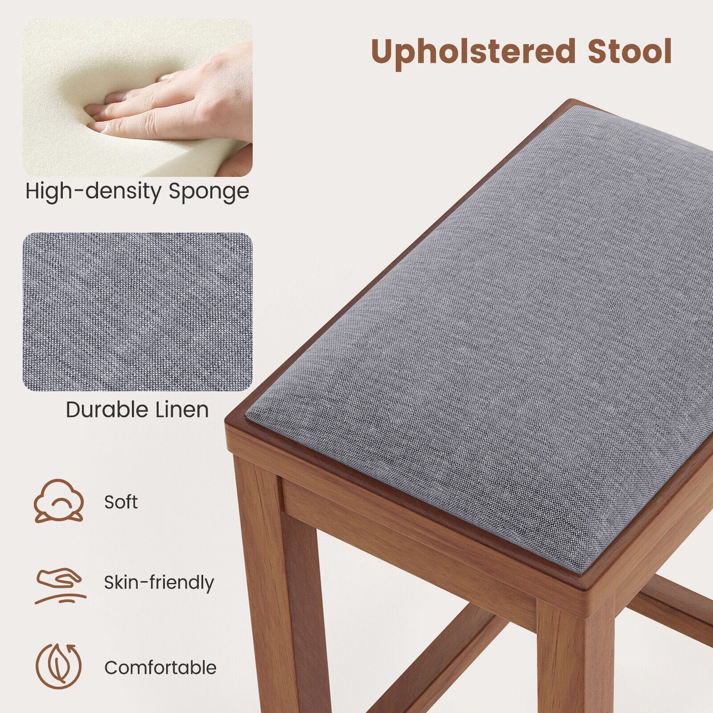 2 Piece Bar Stool Set with Comfortable Upholstery, Footrest, and Wooden Frame, 25 Inch - Brown