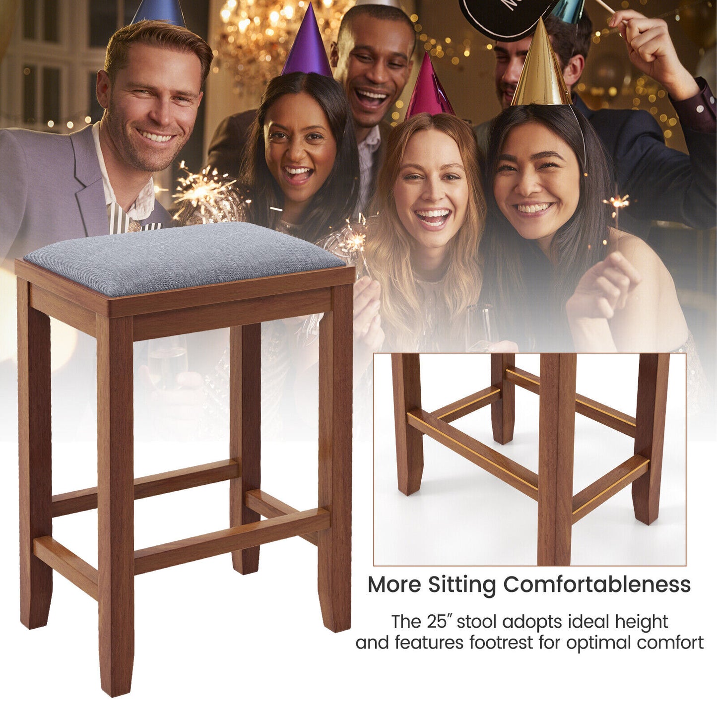 2 Piece Bar Stool Set with Comfortable Upholstery, Footrest, and Wooden Frame, 25 Inch - Brown