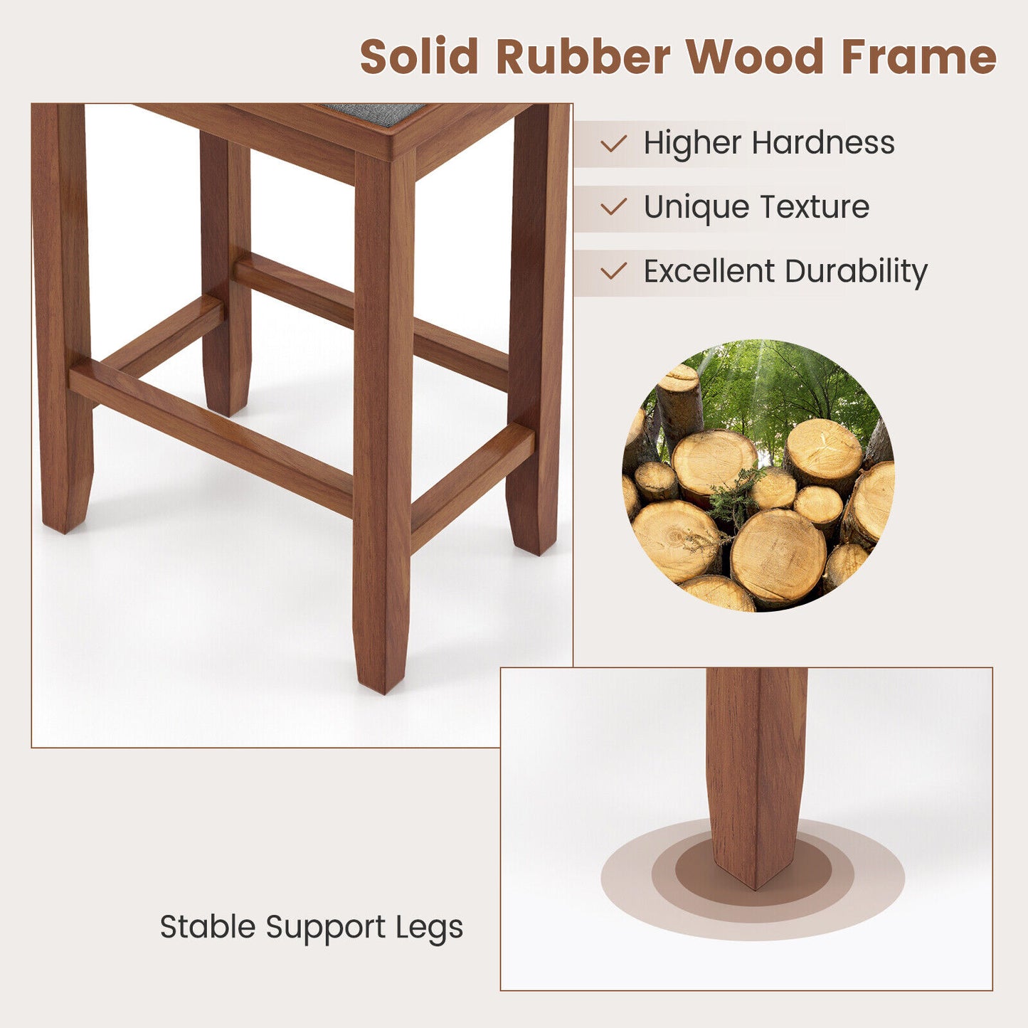 2 Piece Bar Stool Set with Comfortable Upholstery, Footrest, and Wooden Frame, 25 Inch - Brown