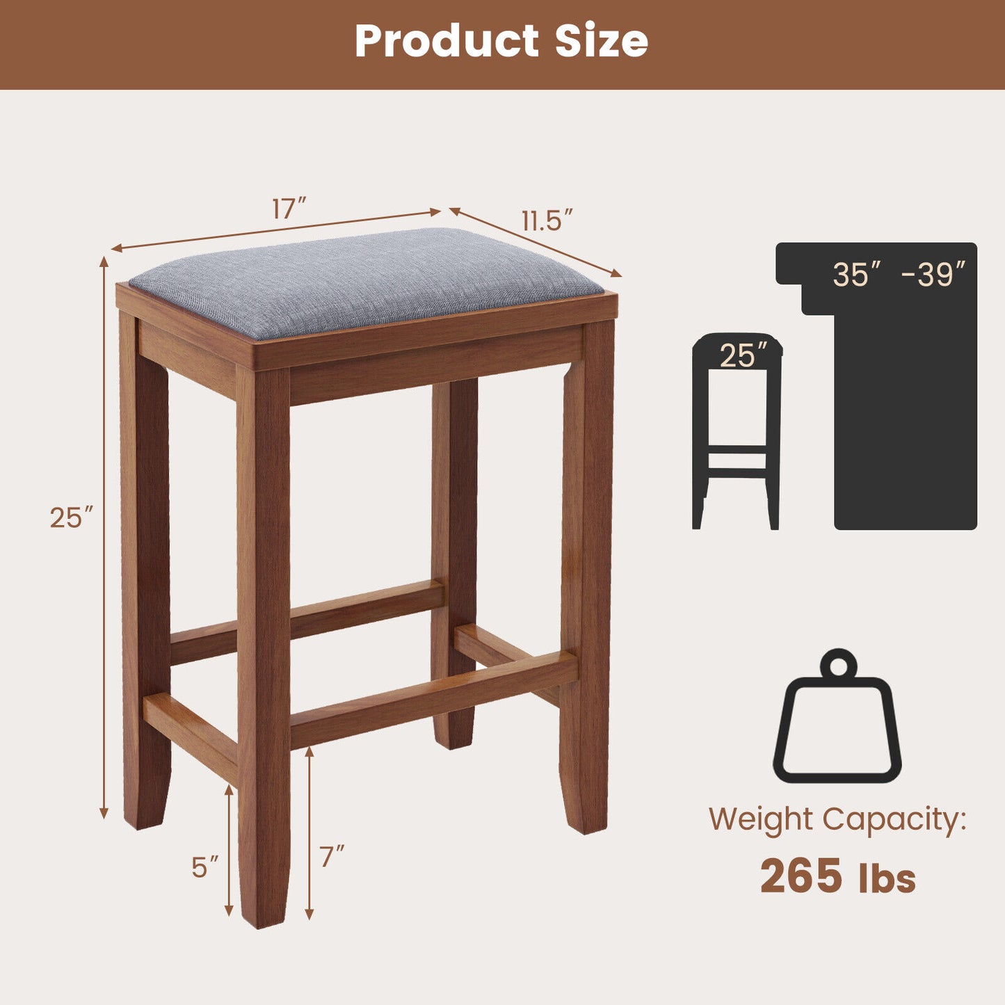 2 Piece Bar Stool Set with Comfortable Upholstery, Footrest, and Wooden Frame, 25 Inch - Brown