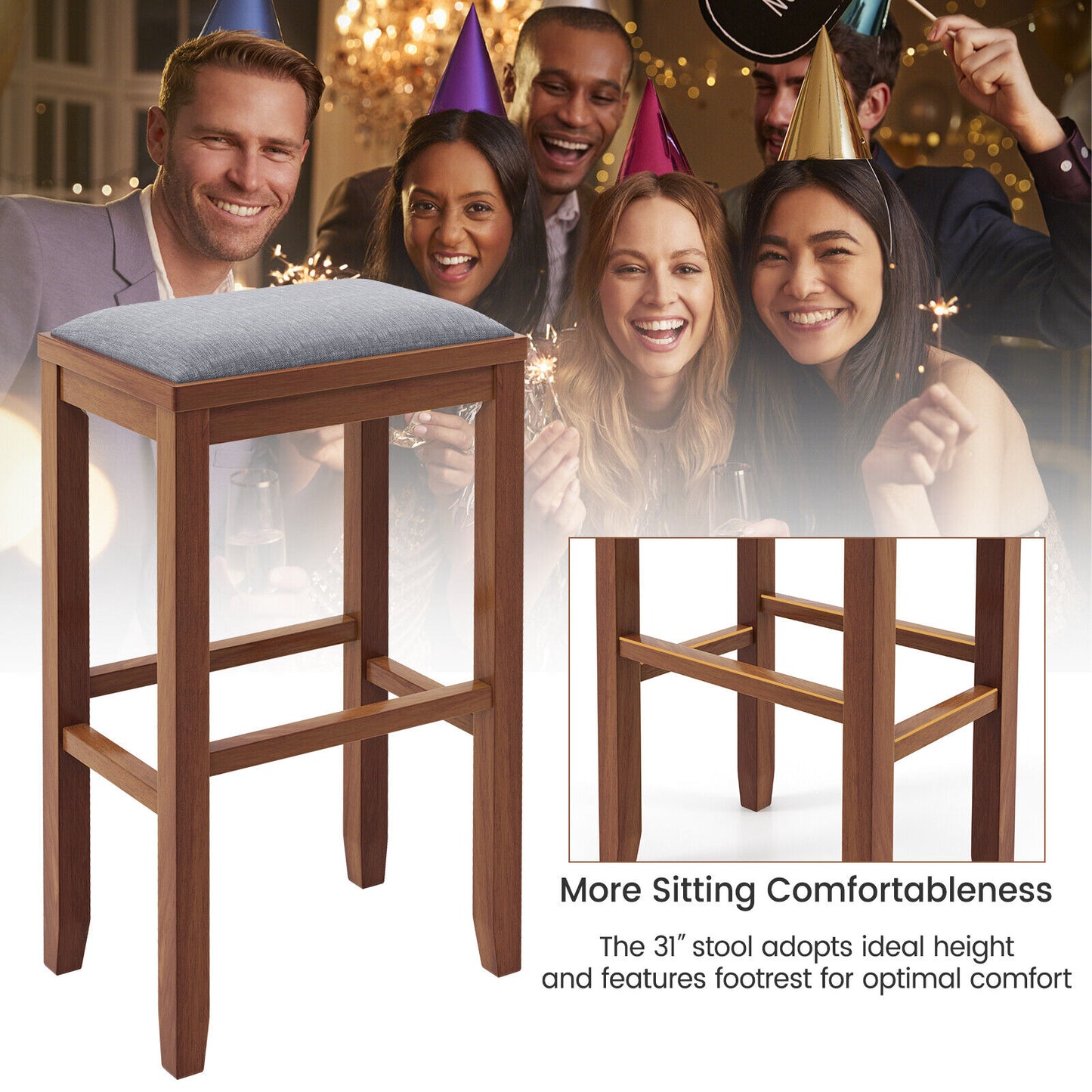2 Piece Bar Stool Set with Comfortable Upholstery, Footrest, and Wooden Frame, 31 Inch - Brown