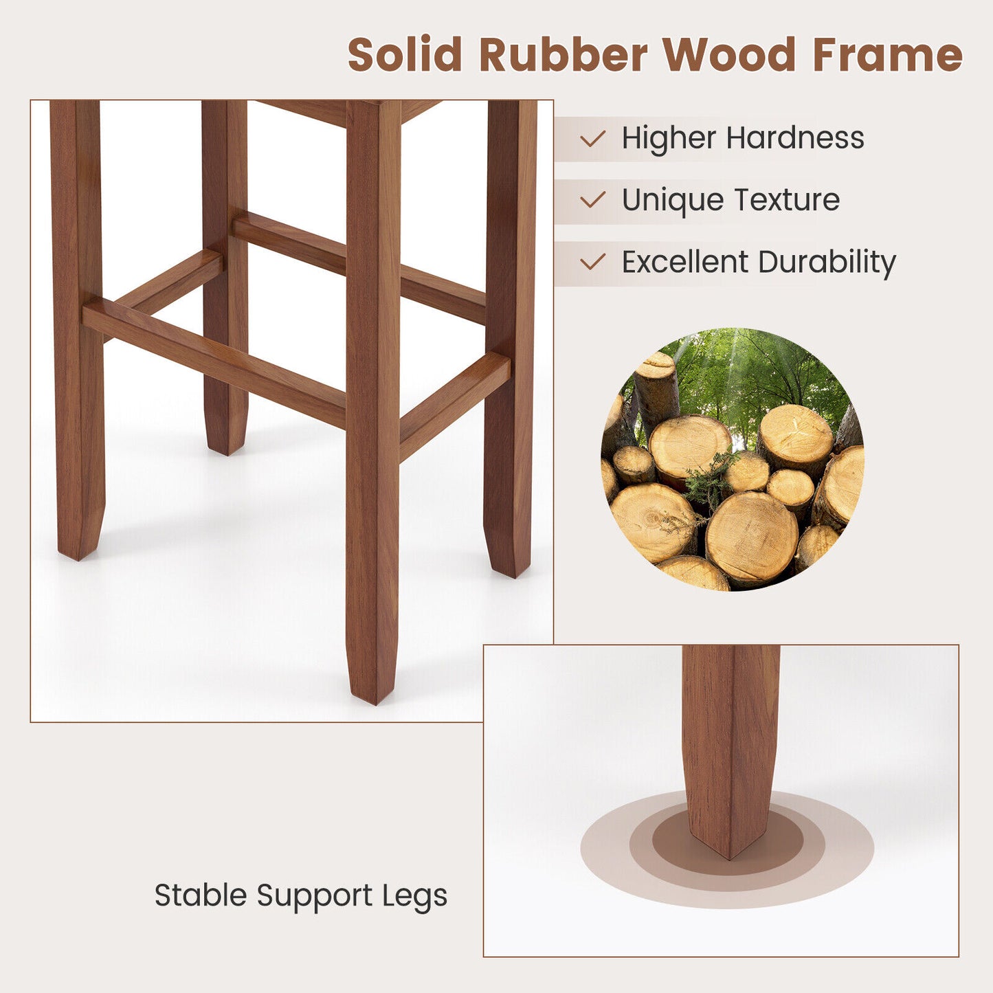 2 Piece Bar Stool Set with Comfortable Upholstery, Footrest, and Wooden Frame, 31 Inch - Brown