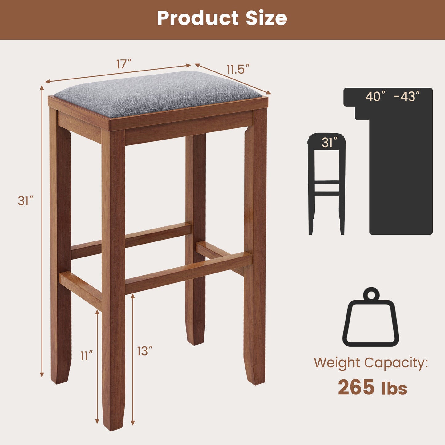 2 Piece Bar Stool Set with Comfortable Upholstery, Footrest, and Wooden Frame, 31 Inch - Brown