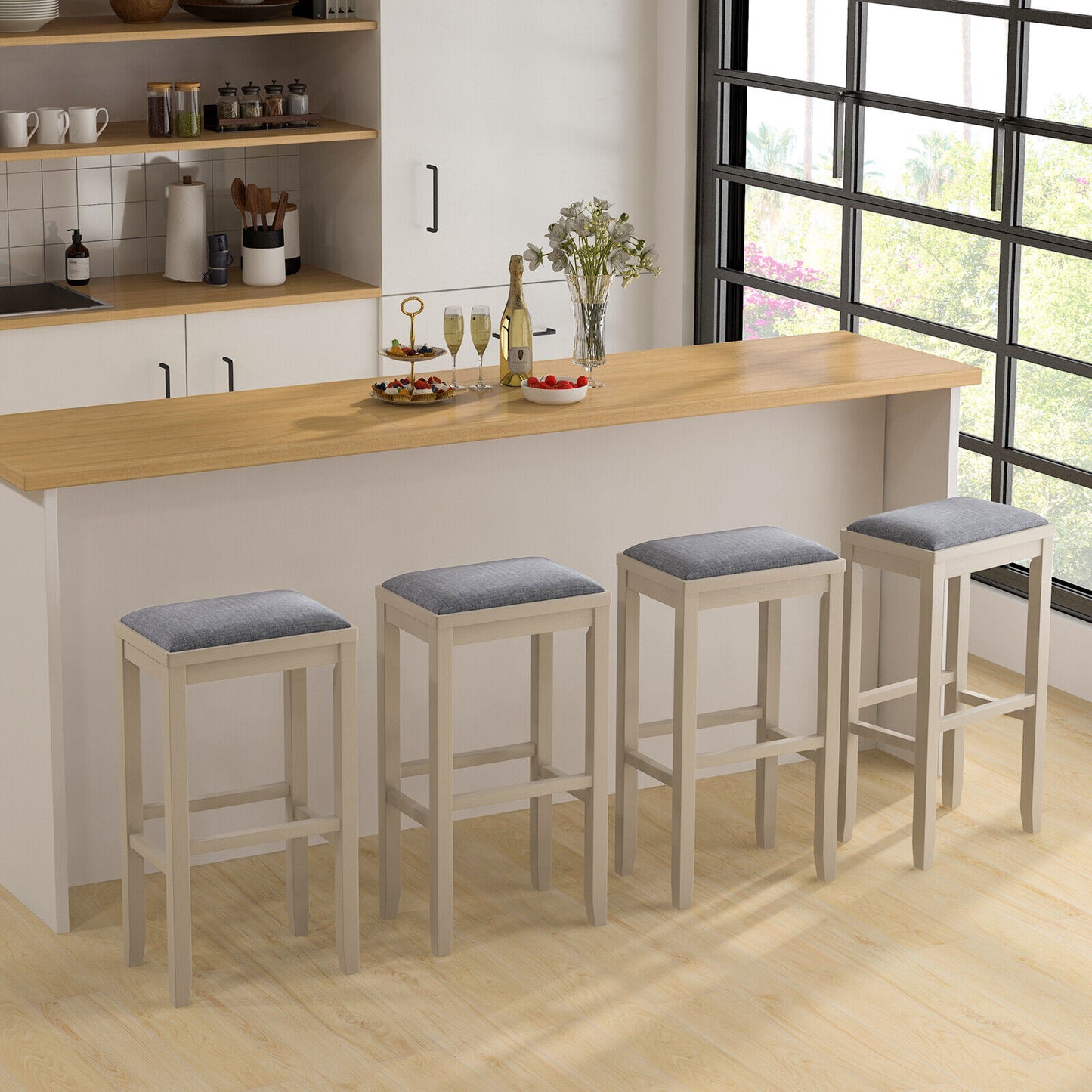 2 Piece Bar Stool Set with Comfortable Upholstery, Footrest, and Wooden Frame, 31 Inch - Griege