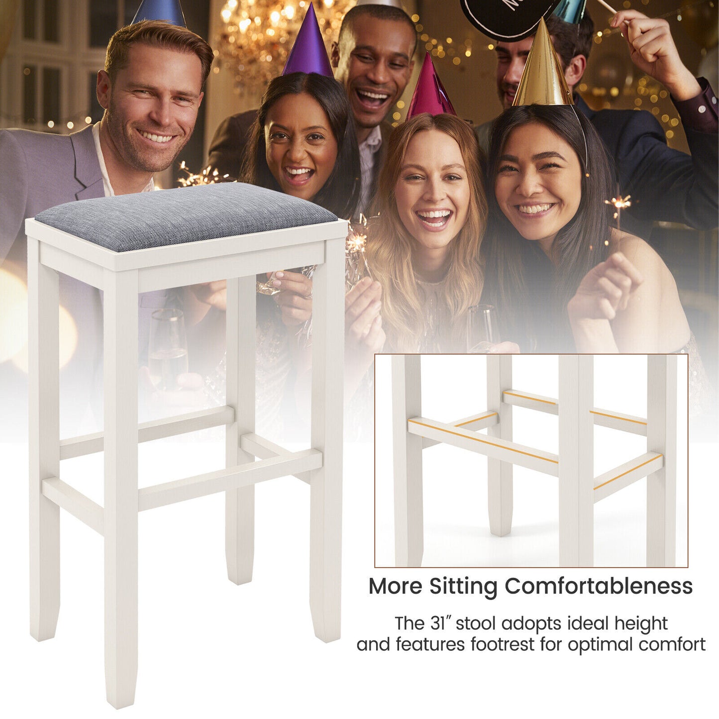 2 Piece Bar Stool Set with Comfortable Upholstery, Footrest, and Wooden Frame, 31 Inch - Griege