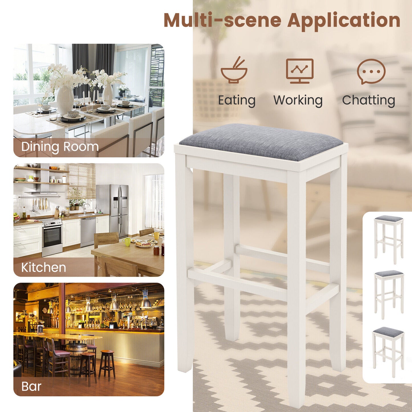 2 Piece Bar Stool Set with Comfortable Upholstery, Footrest, and Wooden Frame, 31 Inch - Griege