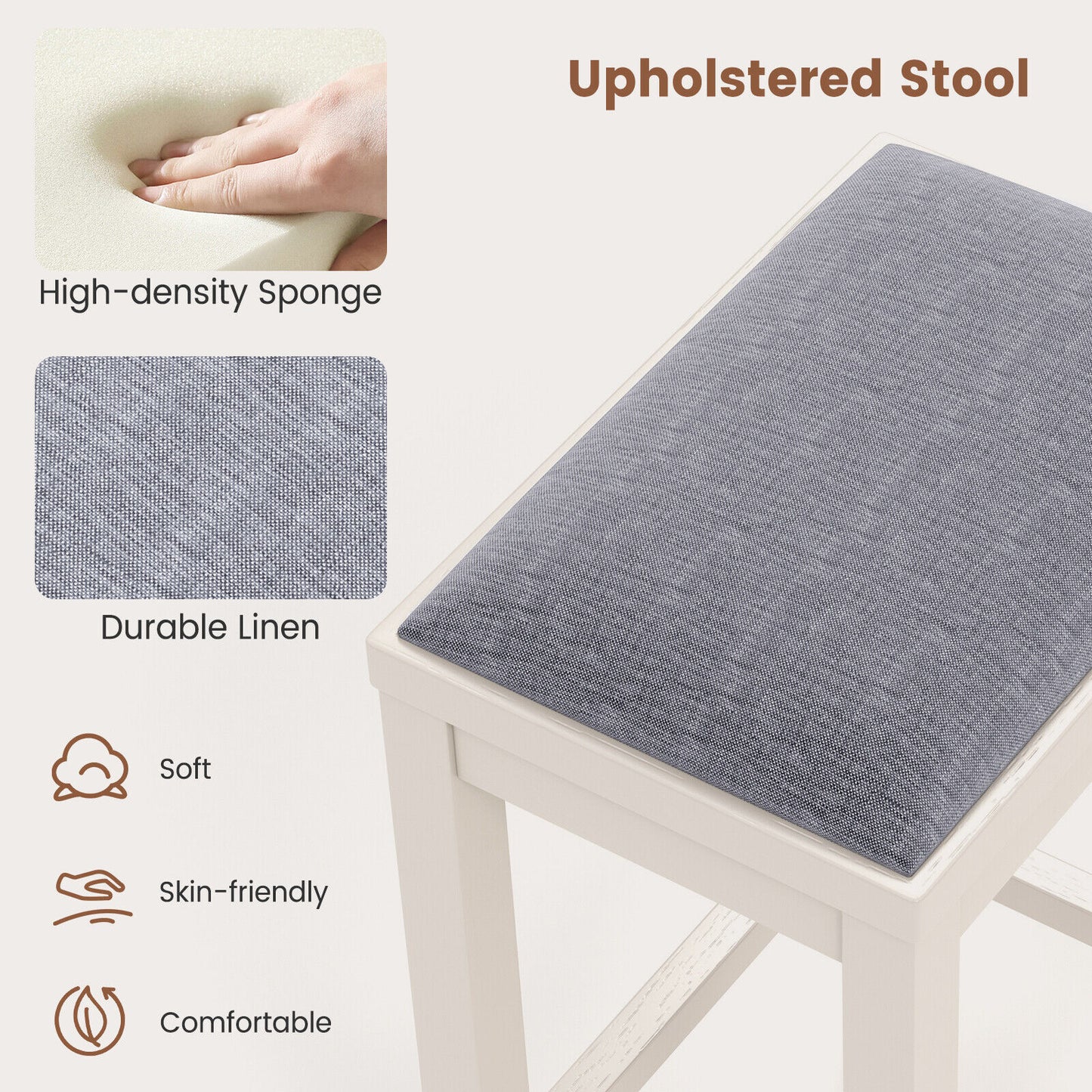 2 Piece Bar Stool Set with Comfortable Upholstery, Footrest, and Wooden Frame, 31 Inch - Griege