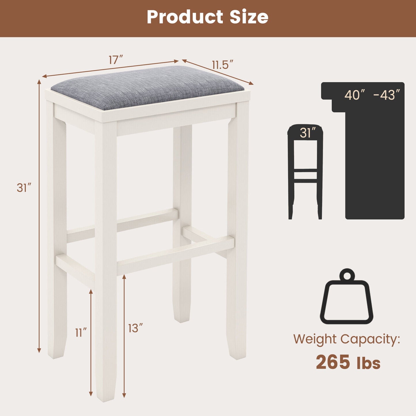 2 Piece Bar Stool Set with Comfortable Upholstery, Footrest, and Wooden Frame, 31 Inch - Griege