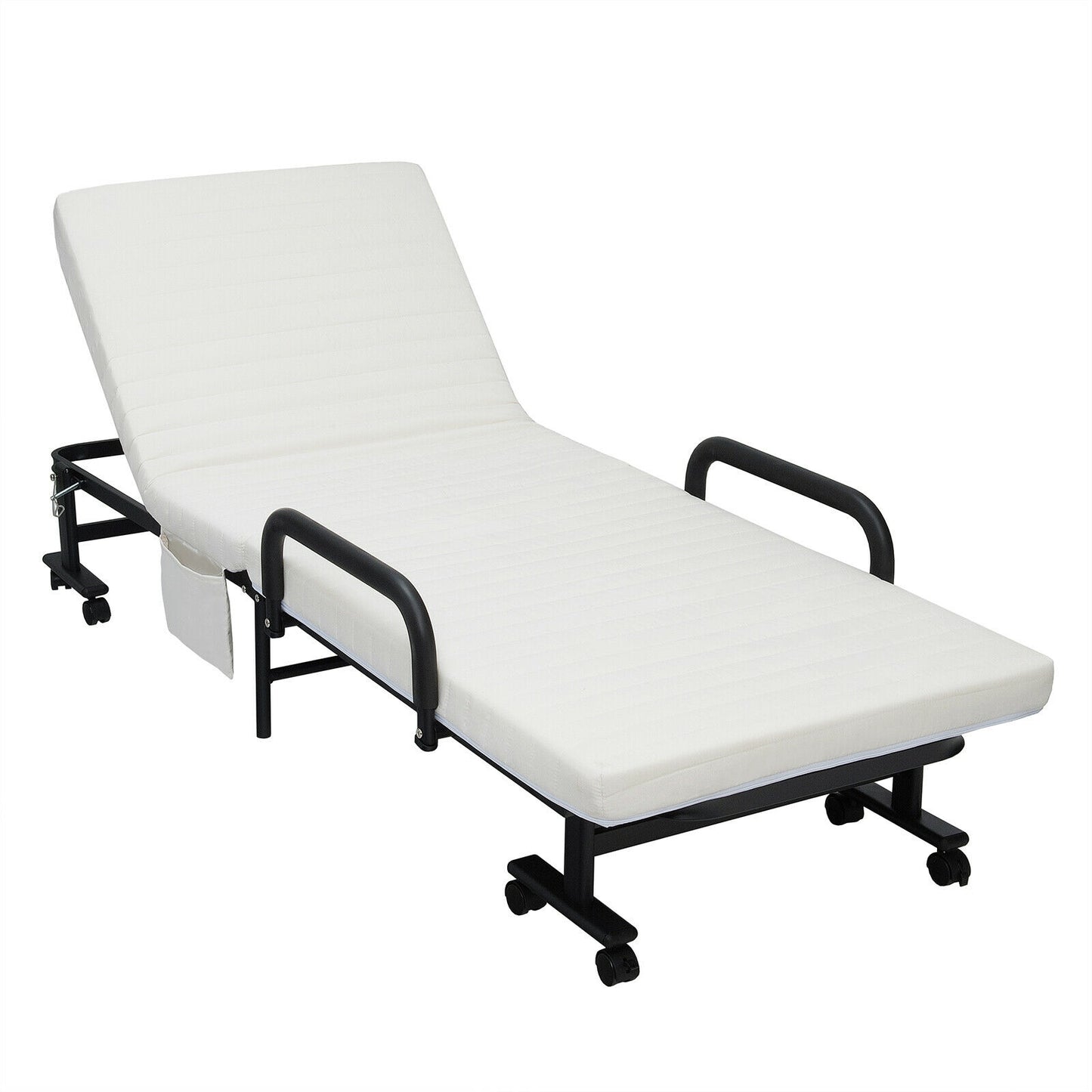 Portable Folding Adjustable Guest Bed with Lounge Function and Wheels - White
