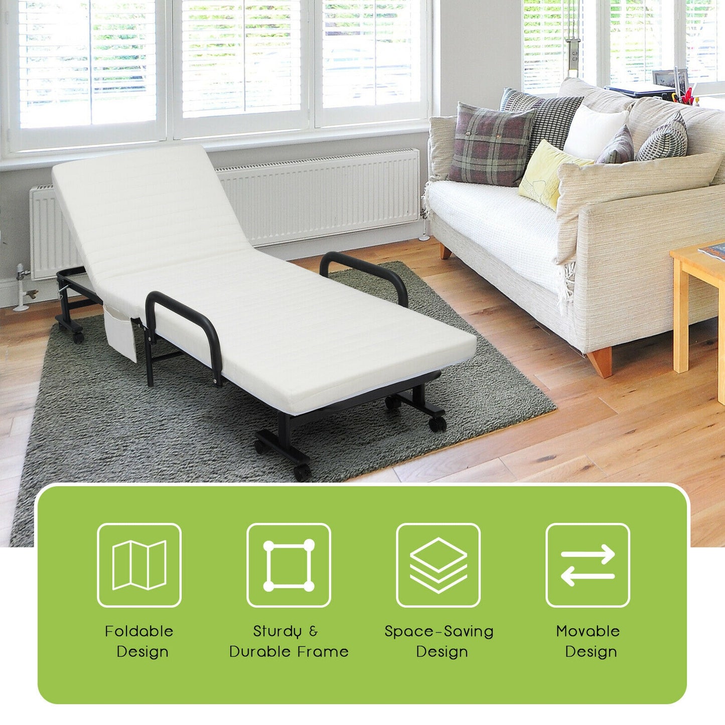 Portable Folding Adjustable Guest Bed with Lounge Function and Wheels - White