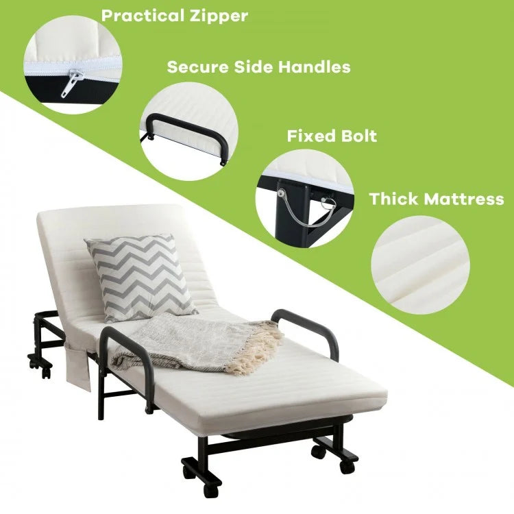 Portable Folding Adjustable Guest Bed with Lounge Function and Wheels - White