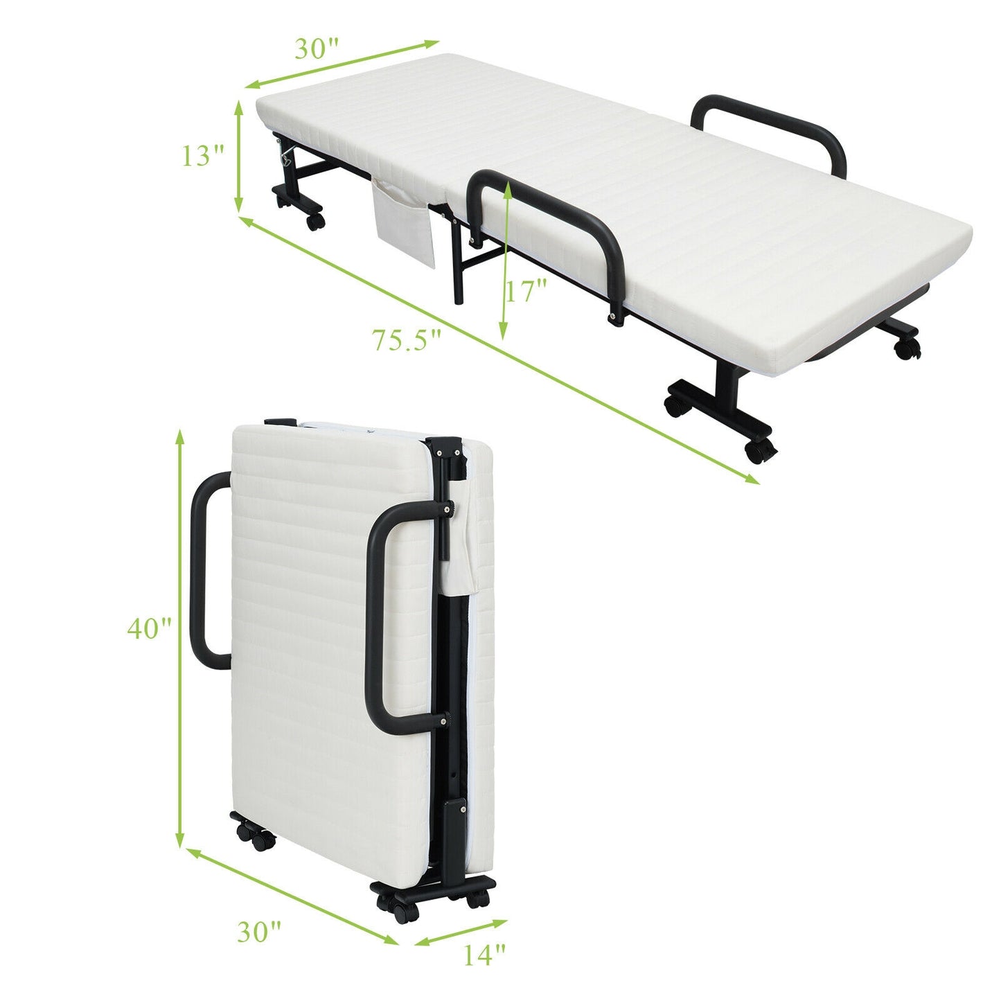 Portable Folding Adjustable Guest Bed with Lounge Function and Wheels - White