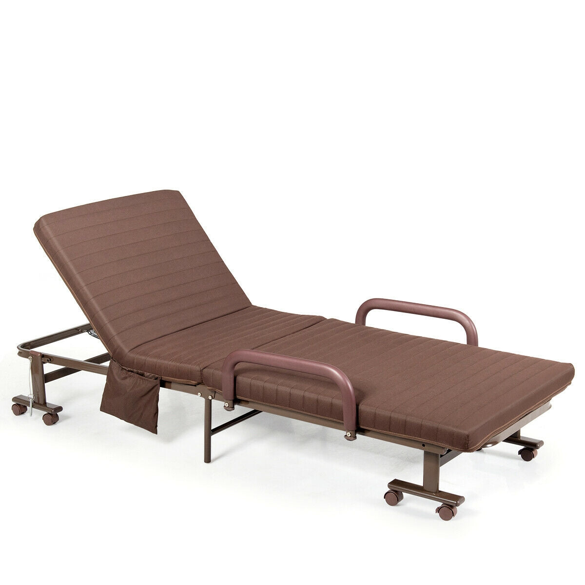 Portable Folding Adjustable Guest Bed with Lounge Function and Wheels - Brown