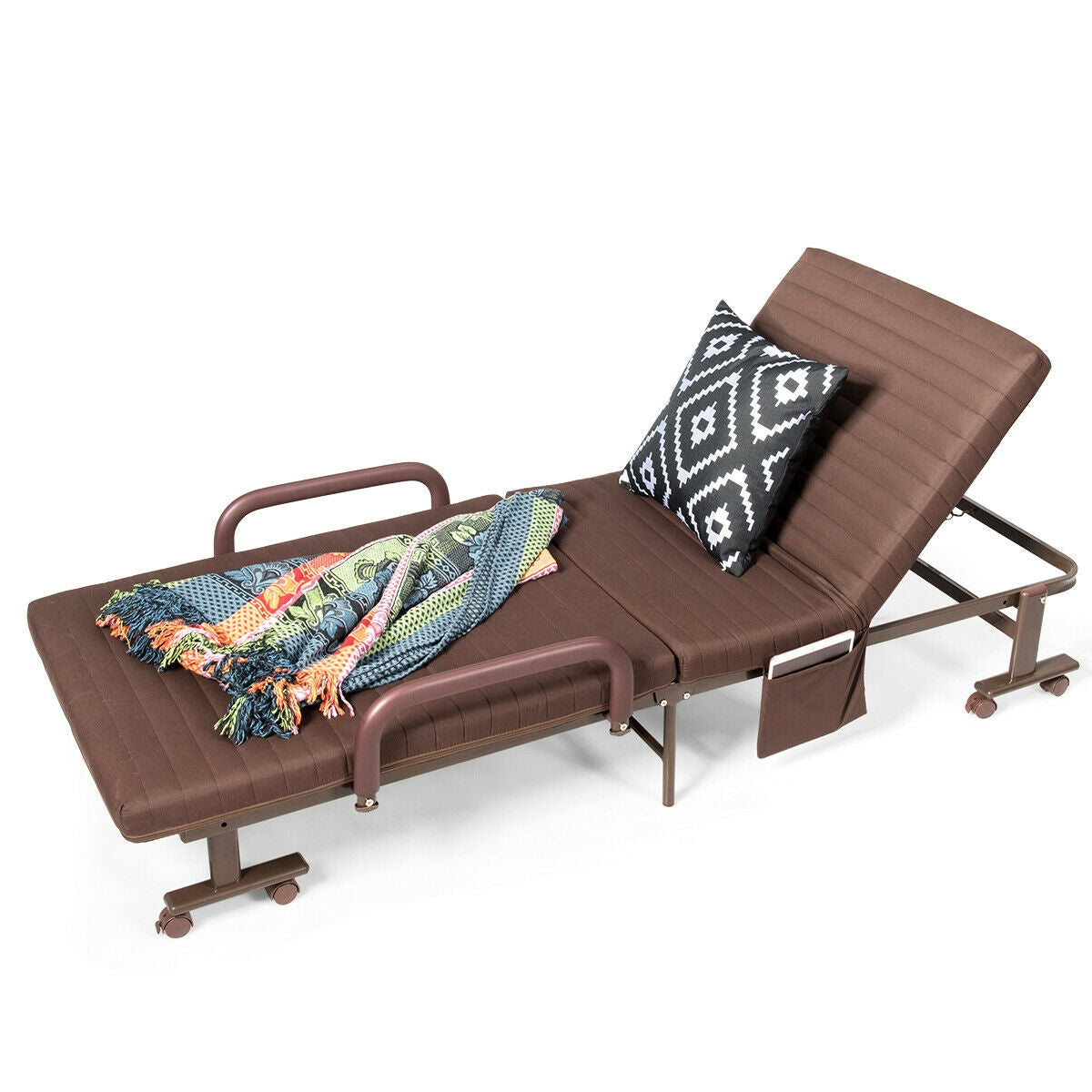 Portable Folding Adjustable Guest Bed with Lounge Function and Wheels - Brown