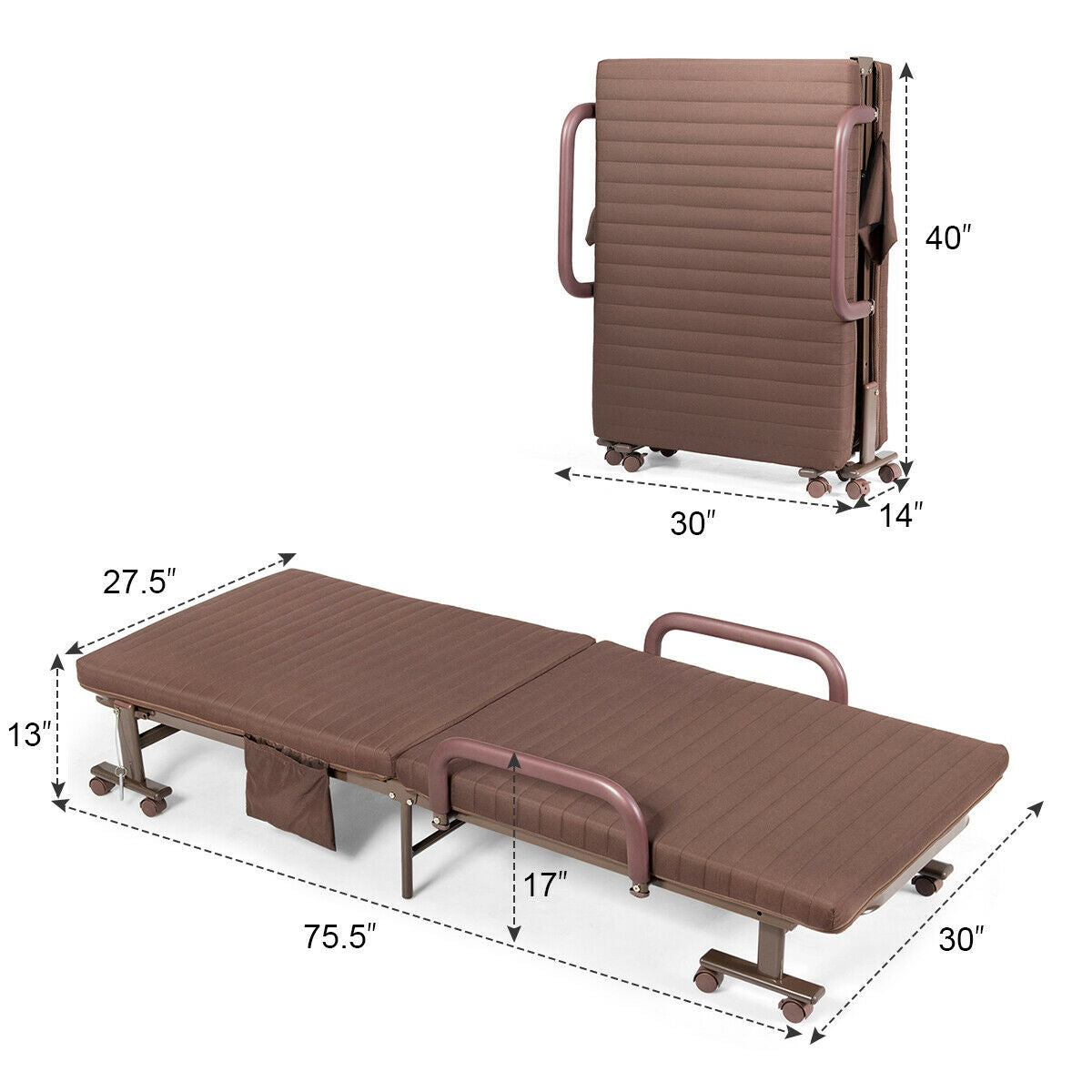 Portable Folding Adjustable Guest Bed with Lounge Function and Wheels - Brown