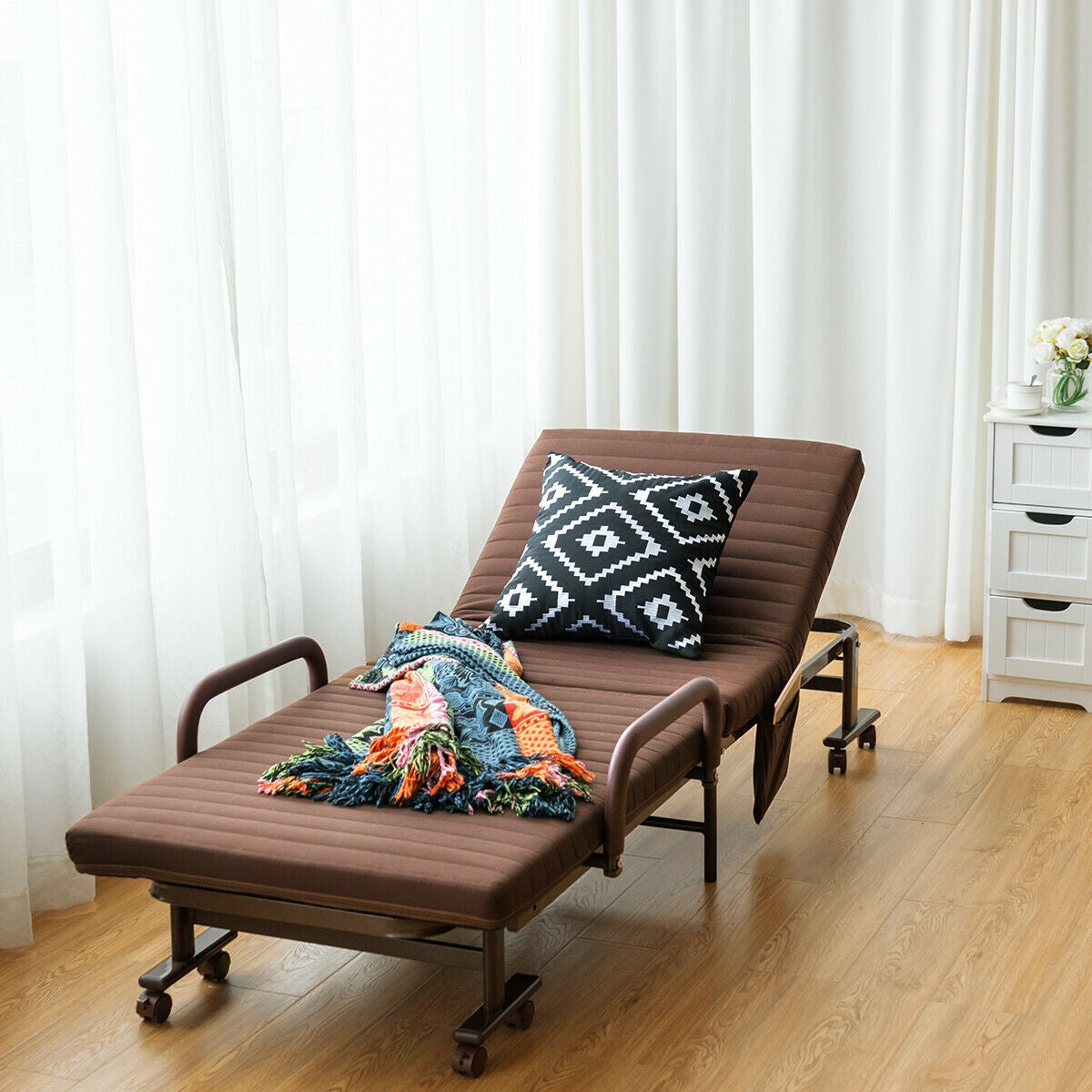 Portable Folding Adjustable Guest Bed with Lounge Function and Wheels - Brown