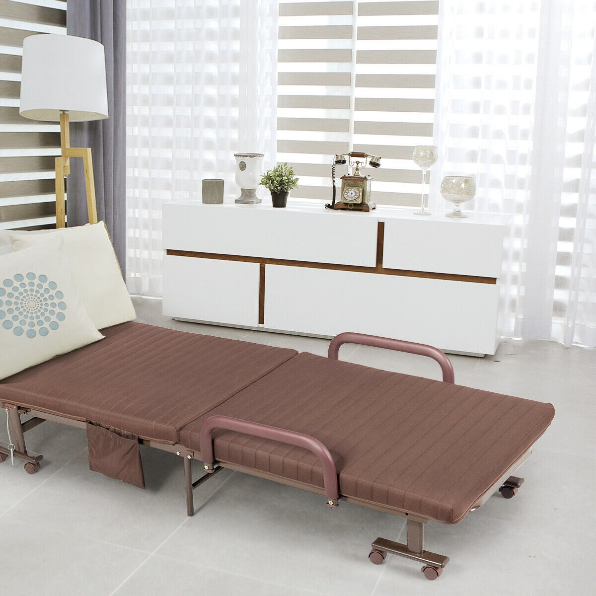 Portable Folding Adjustable Guest Bed with Lounge Function and Wheels - Brown
