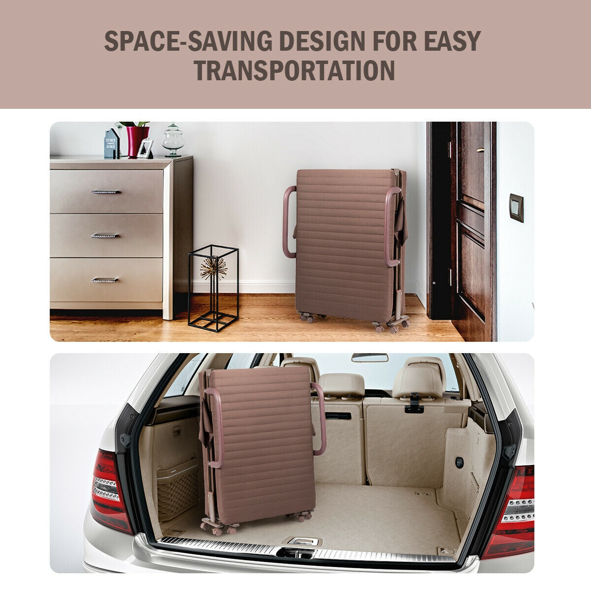Portable Folding Adjustable Guest Bed with Lounge Function and Wheels - Brown