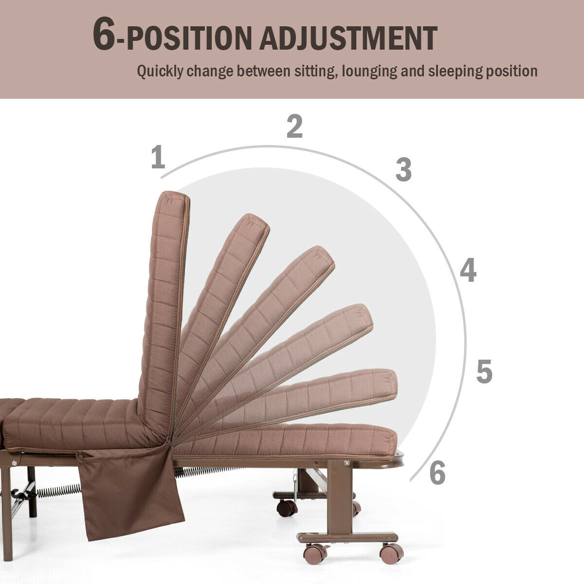 Portable Folding Adjustable Guest Bed with Lounge Function and Wheels - Brown