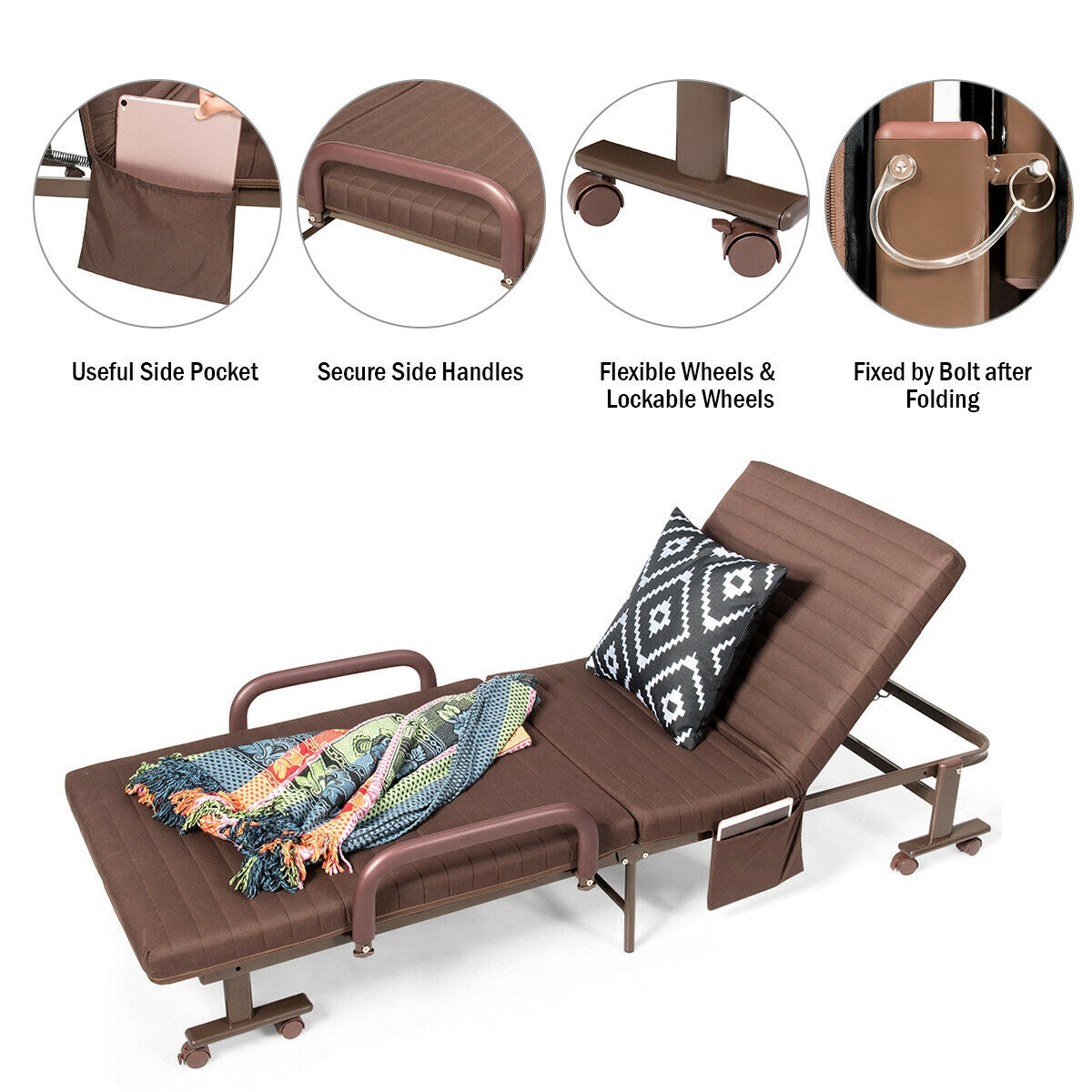 Portable Folding Adjustable Guest Bed with Lounge Function and Wheels - Brown