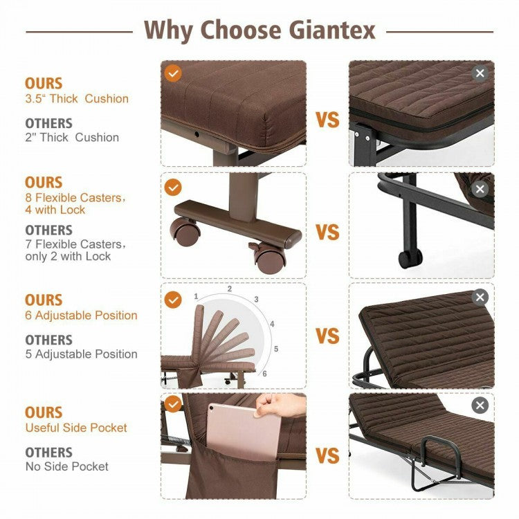 Portable Folding Adjustable Guest Bed with Lounge Function and Wheels - Brown