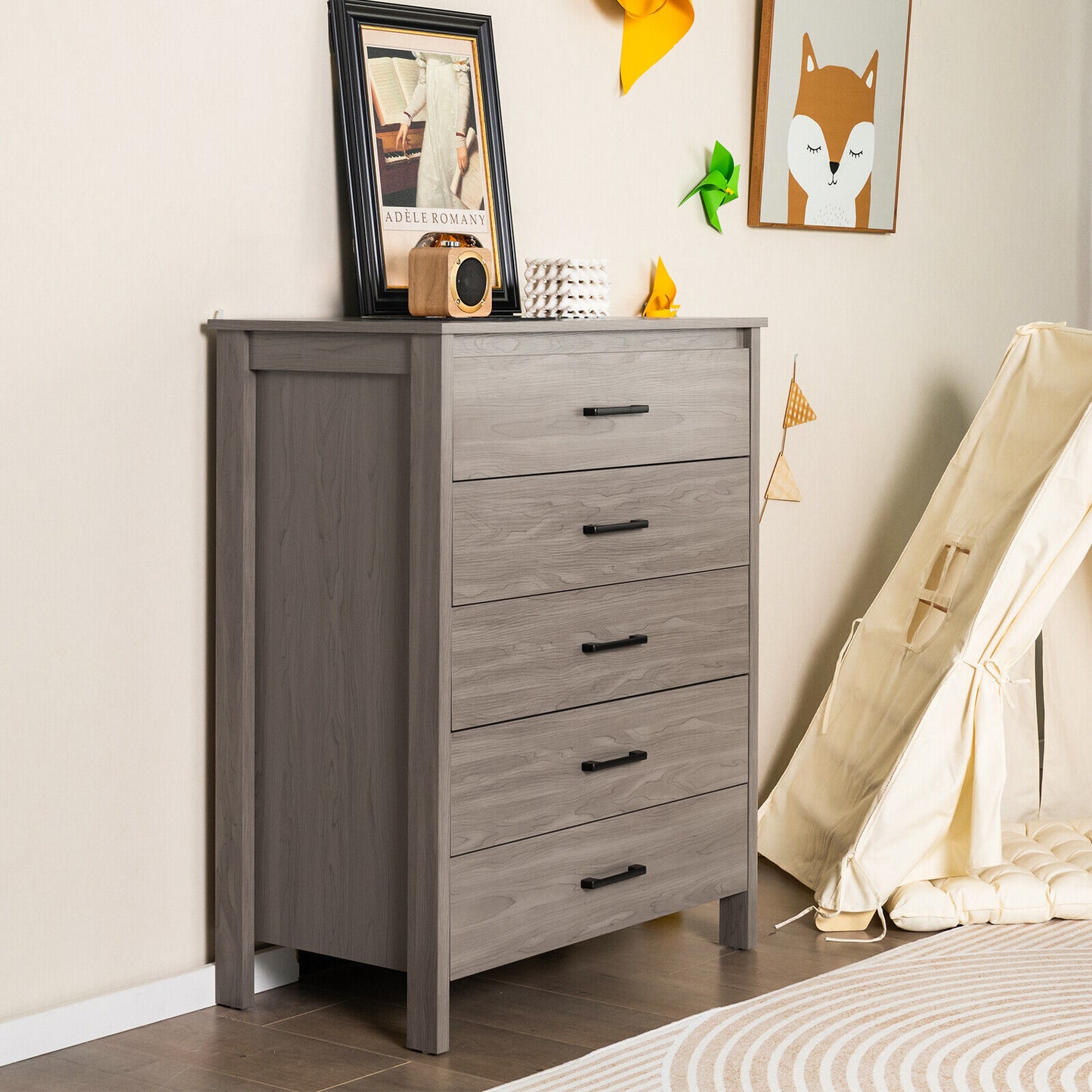 Modern 5 Drawer Dresser with Metal Handles, Storage Chest for Bedroom or Entryway – Grey Oak