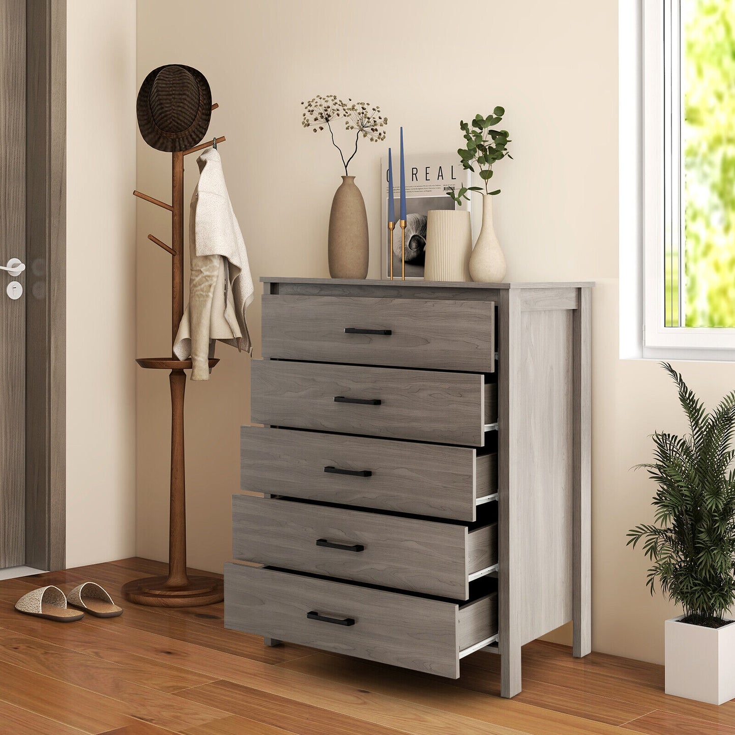 Modern 5 Drawer Dresser with Metal Handles, Storage Chest for Bedroom or Entryway – Grey Oak