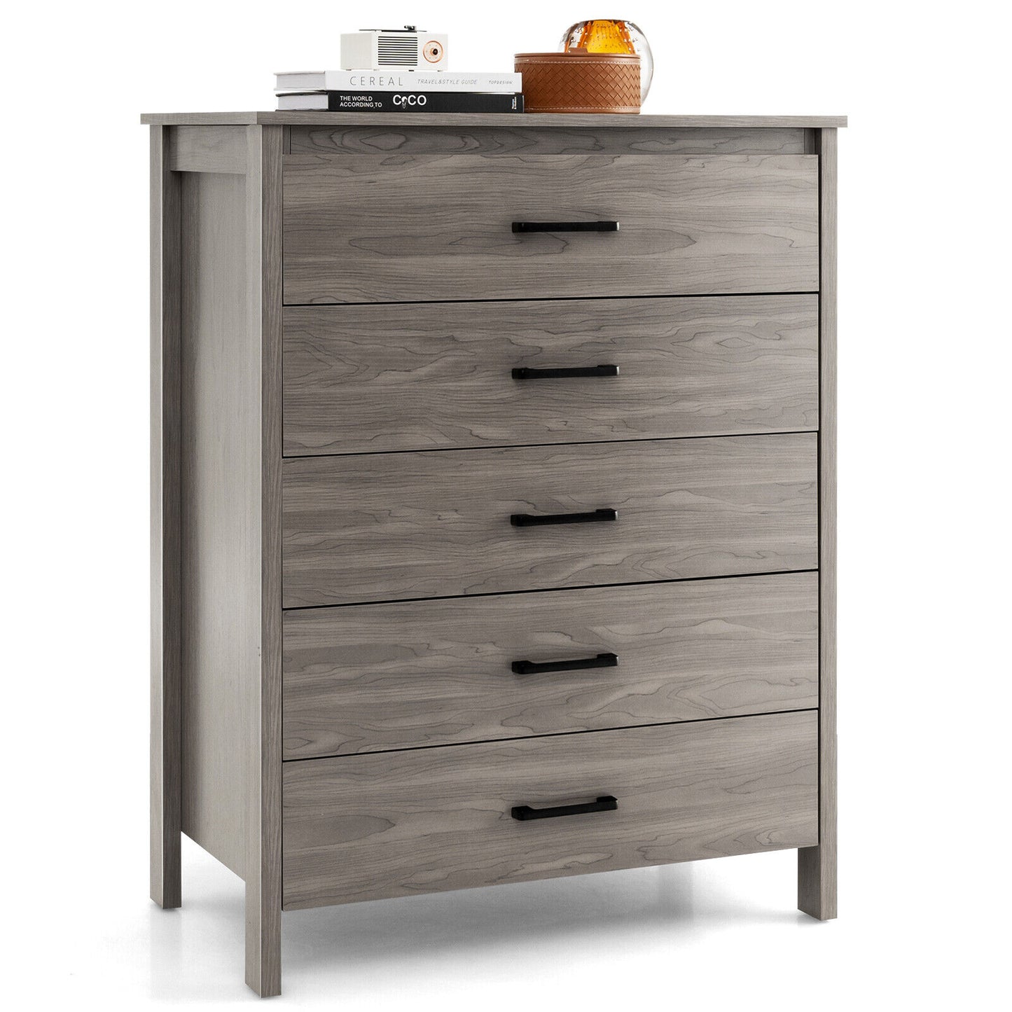 Modern 5 Drawer Dresser with Metal Handles, Storage Chest for Bedroom or Entryway – Grey Oak