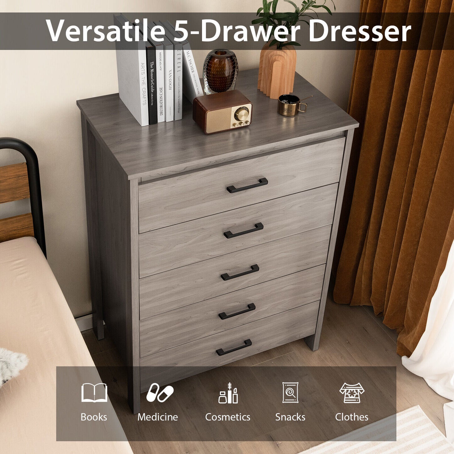 Modern 5 Drawer Dresser with Metal Handles, Storage Chest for Bedroom or Entryway – Grey Oak