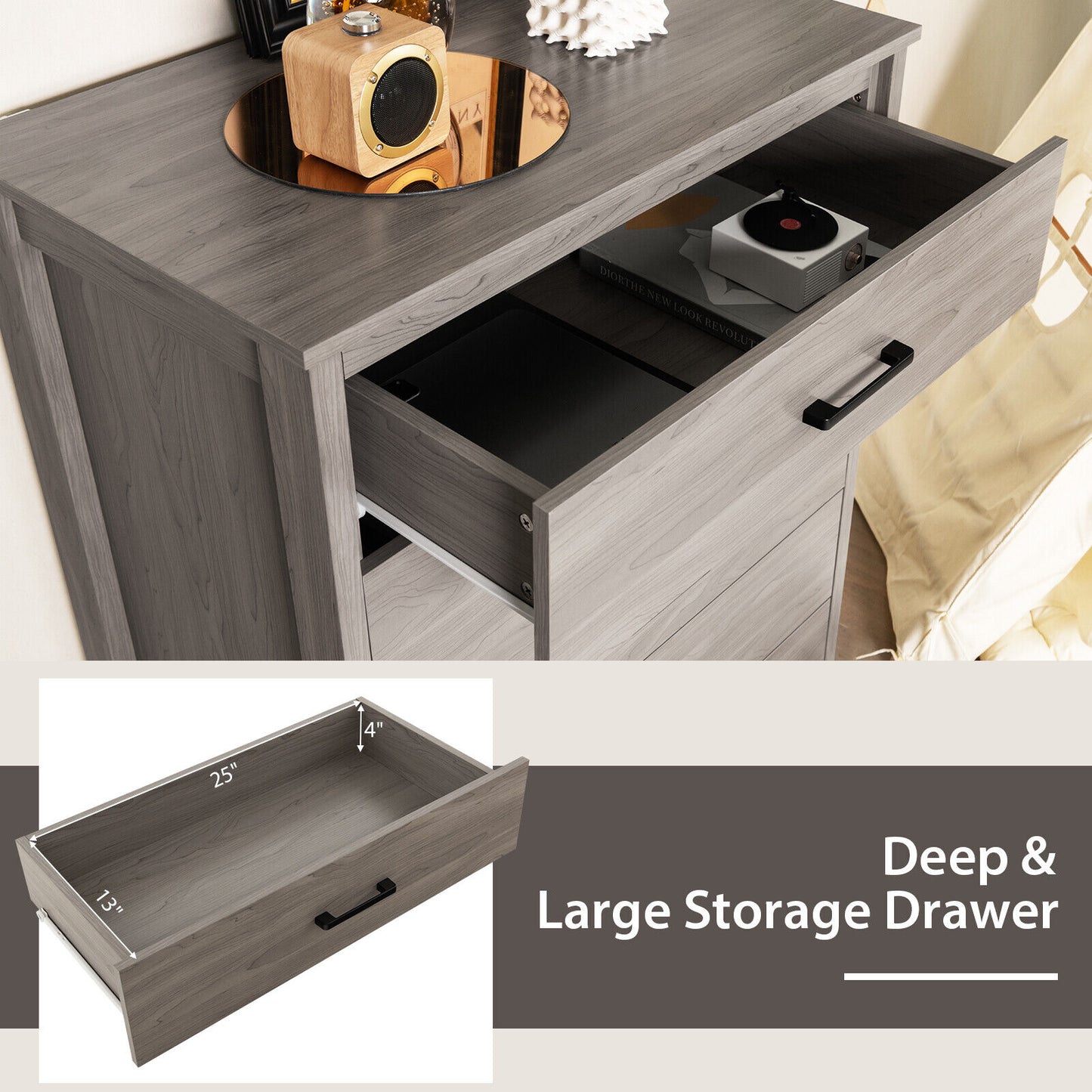 Modern 5 Drawer Dresser with Metal Handles, Storage Chest for Bedroom or Entryway – Grey Oak